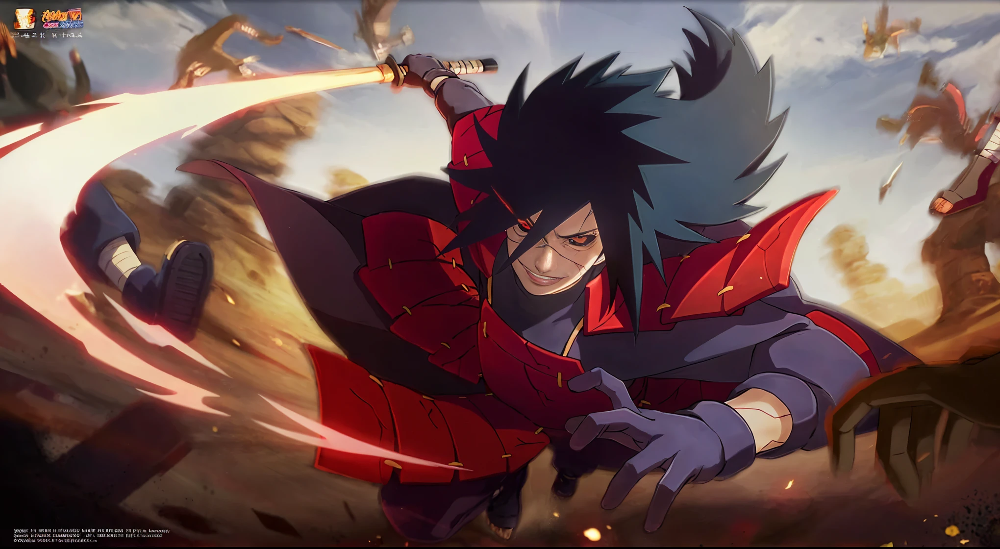 Anime character holding a sword wearing red clothes with many people, Uchiha Madara, Sasuke Uchiha, Cool Anime 8K, Uchiha Bandei, Anime epic artwork, Joker as Naruto,, epic anime style, Anime Wallpaper, Live-action style 8k, High-quality anime art style，Highest image quality, Outstanding details, Ultra-high resolution, (realism: 1.4), Best example, Favor the details