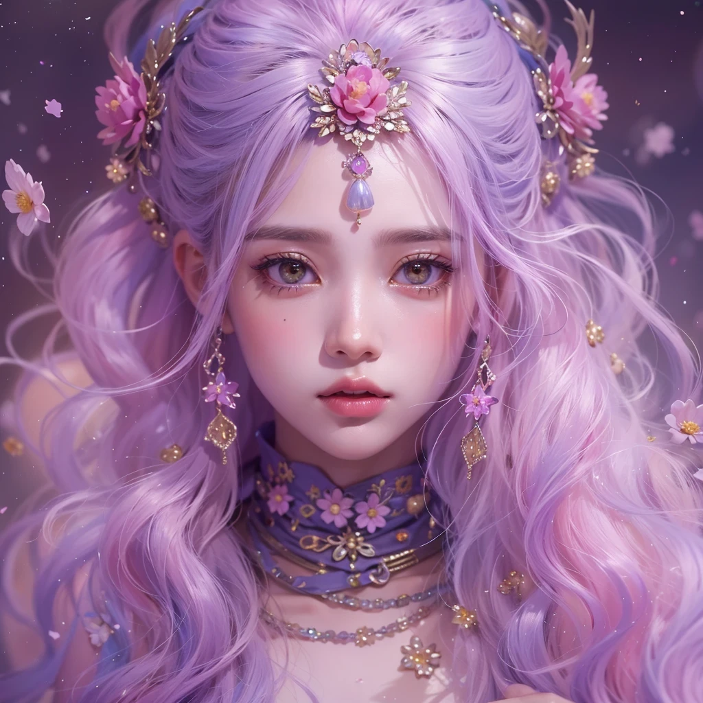 (((Single eyelid)))Snow hoop exclusion area 32K(tmasterpiece,k hd,hyper HD,32K)Long flowing purple-pink hair,Autumn Pond,zydink, a color, Tongzhou people (Girl with glowing eyes), (Thin silk scarf), Side squat position, looking at the ground, long whitr hair, Floating hair, Python headdress, Chinese long-sleeved clothing, (abstract ink splash:1.2), white backgrounid,Lotus protector(realisticlying:1.4),Purple-pink hair,Snowflakes fluttering,The background is pure, A high resolution, the detail, RAW photogr, Sharp Re, Nikon D850 Film Stock Photo by Jefferies Lee 4 Kodak Portra 400 Camera F1.6 shots, Rich colors, ultra-realistic vivid textures, Dramatic lighting, Unreal Engine Art Station Trend, cinestir 800,Long flowing purple-pink hair,((masterpiece)). This artwork is sweet, dreamy and ethereal, with soft pink watercolor hues and candy accents. Generate a delicate and demure fae exploring a (bubblegum world with a wide variety of pastel shades). Her sweet face is extremely detailed and realistic with elegant features and a fierce expression, and looks like ((((naomi scott)))). Include mature features and stunning, highly realistic eyes. Her eyes are important and should be realistic, highly detailed, and beautiful. In high definition and detail, include lots of details like stars, galaxies, colorful bubbles, colorful petals, and lots of energy and emotion! The stars and colorful bubblegum bubbles are important! Include fantasy details, enhanced details, iridescence, colorful glittering wind, and pollen. Pay special attention to her face and make sure it is beautifully and realistically detailed. The image should be dreamy and ethereal.8k, intricate, elegant, highly detailed, majestic, digital photography