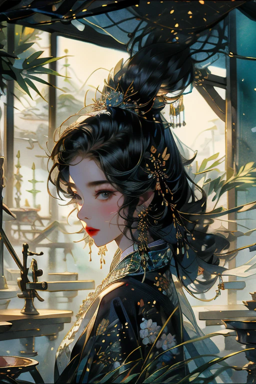 (best quality, masterpiece:1.2), (official art, Extreme details), 1 girl,goddess, Chinese Clothing, Hanfu, hat, Hair accessories, earrings, jewelry,Fairyland, Soft Light, Traditional Chinese ink painting,