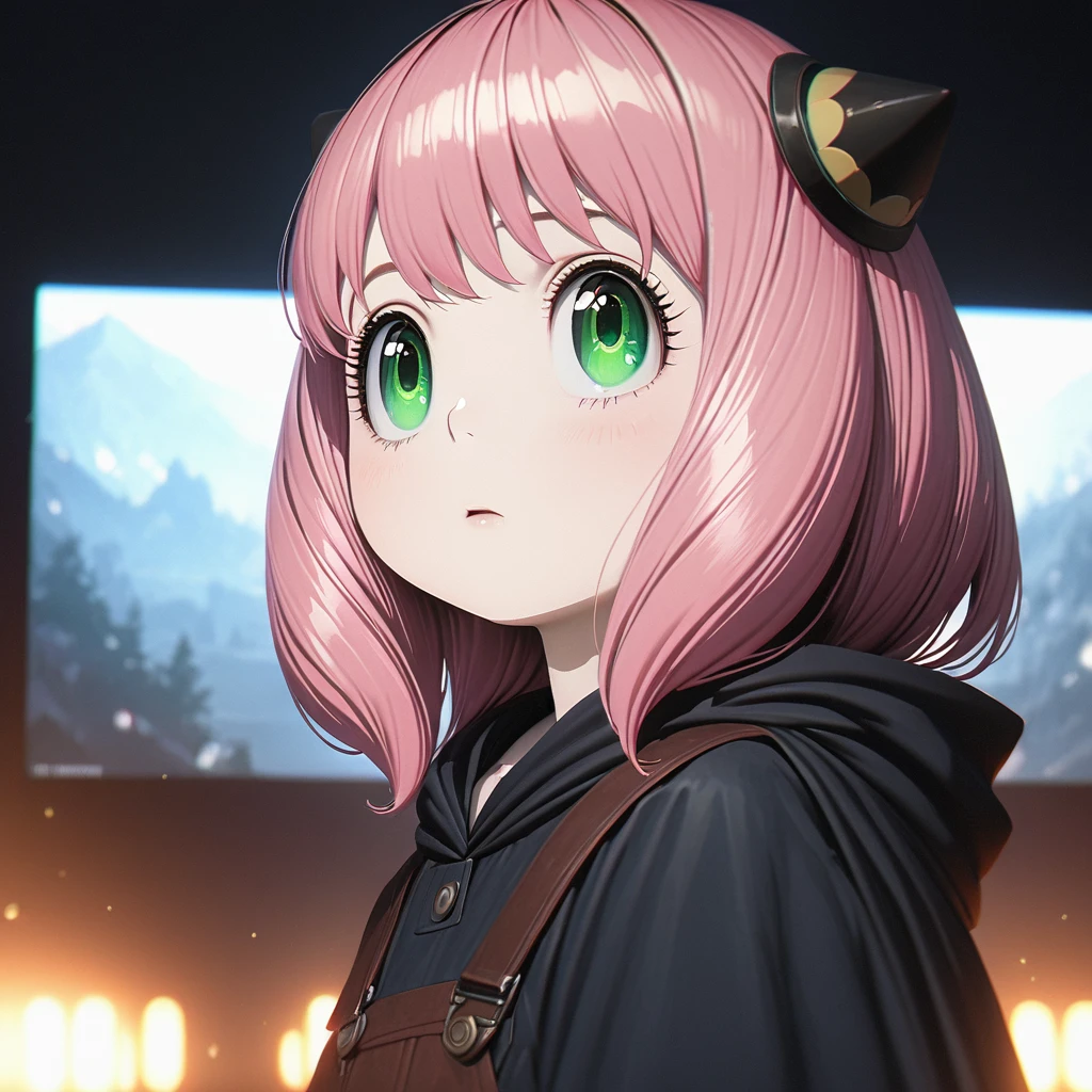 Beautiful baby girl with realistic green eyes, Pale skin, Medium length pink hair, hair pod, Perfect Face, Perfect Eyes, Wearing a black poncho, Very detailed, Overall Movie, Digital Painting, 8k, Cinema Lighting, highest quality, High resolution, Detailed work, Post-processing, Perfect results, Ultra-realistic