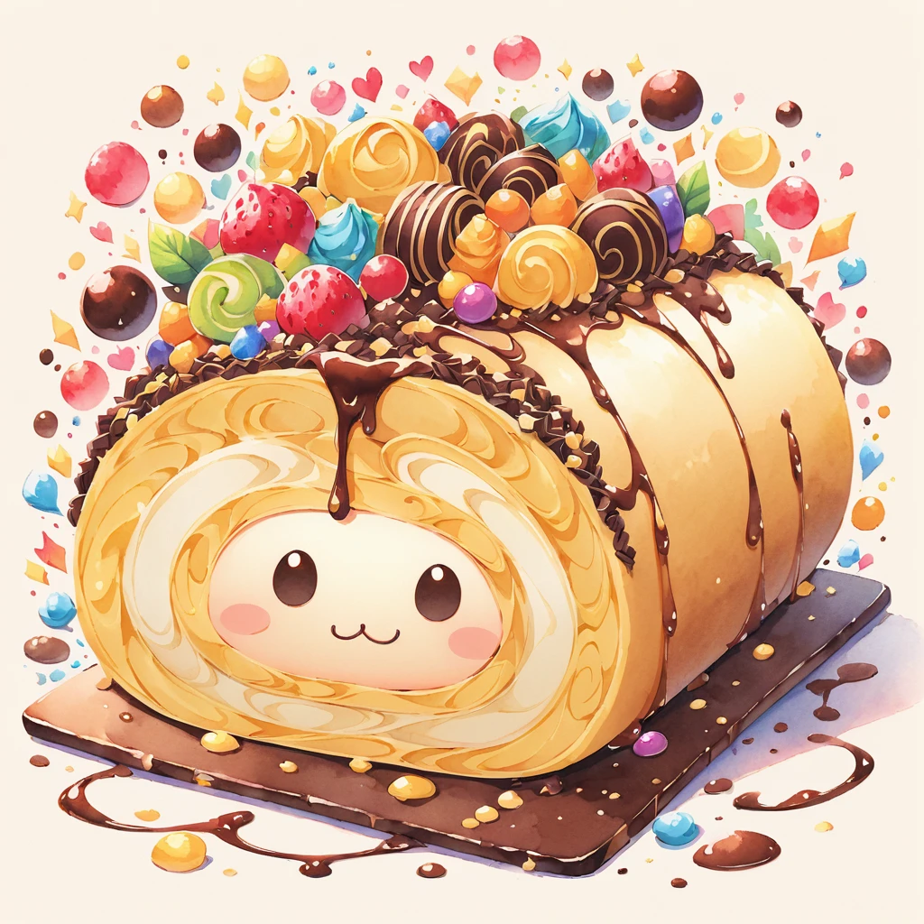 watercolor and ink illustration of a Swiss roll cake with a chocolate color scheme, depicted in a delicious and delicate style. The artwork adds a touch of cuteness with complete, fluid lines that enhance the appeal. This charming representation focuses on the intricate layers and creamy chocolate filling of the Swiss roll, showcased in a vibrant and playful style that emphasizes its mouth-watering appearance and aesthetic appeal.