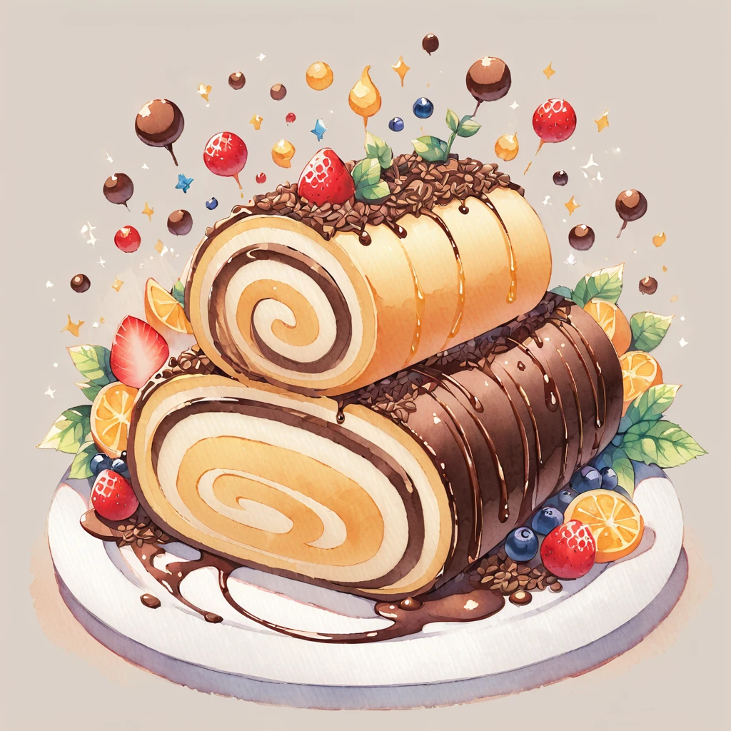 watercolor and ink illustration of a Swiss roll cake with a chocolate color scheme, depicted in a delicious and delicate style. The artwork adds a touch of cuteness with complete, fluid lines that enhance the appeal. This charming representation focuses on the intricate layers and creamy chocolate filling of the Swiss roll, showcased in a vibrant and playful style that emphasizes its mouth-watering appearance and aesthetic appeal.