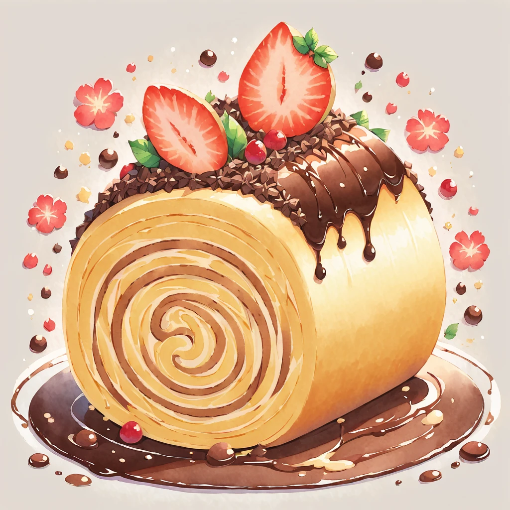 watercolor and ink illustration of a Swiss roll cake with a chocolate color scheme, depicted in a delicious and delicate style. The artwork adds a touch of cuteness with complete, fluid lines that enhance the appeal. This charming representation focuses on the intricate layers and creamy chocolate filling of the Swiss roll, showcased in a vibrant and playful style that emphasizes its mouth-watering appearance and aesthetic appeal.