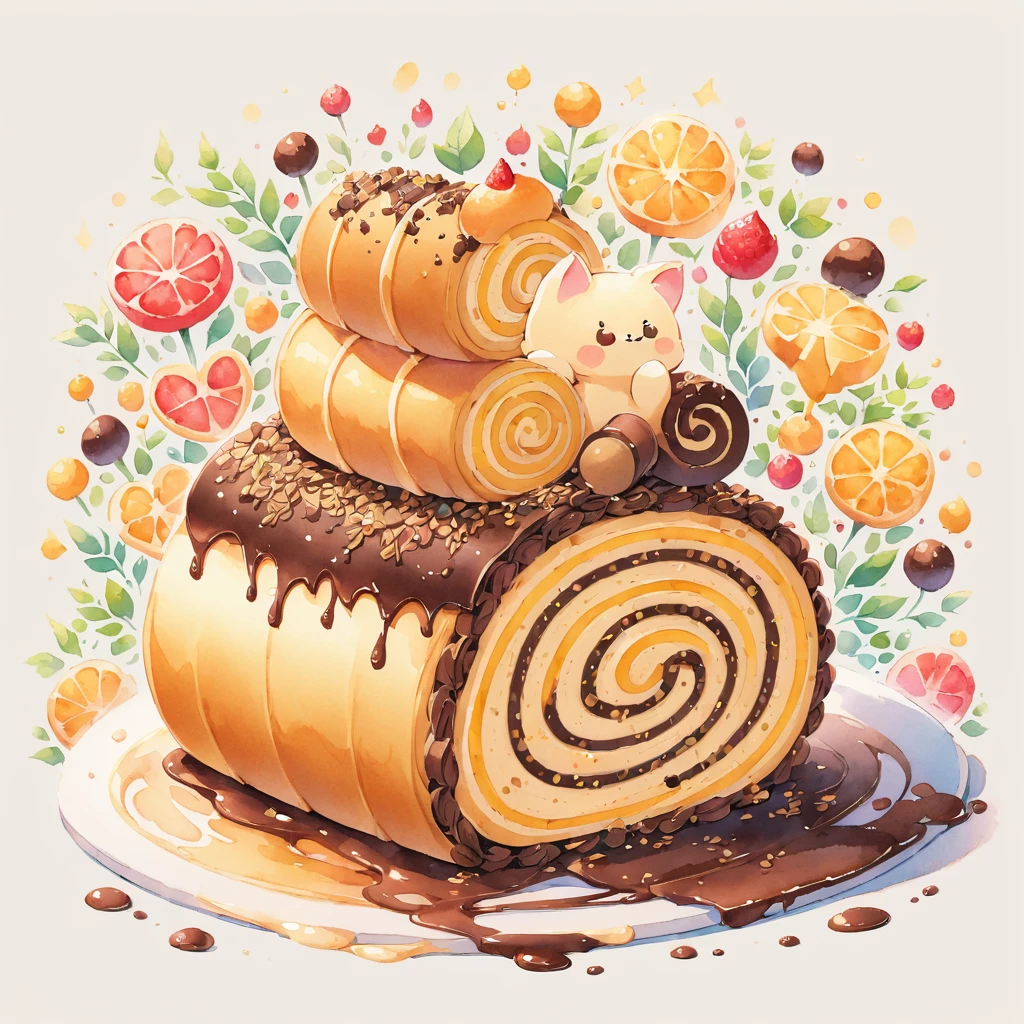 watercolor and ink illustration of a Swiss roll cake with a chocolate color scheme, depicted in a delicious and delicate style. The artwork adds a touch of cuteness with complete, fluid lines that enhance the appeal. This charming representation focuses on the intricate layers and creamy chocolate filling of the Swiss roll, showcased in a vibrant and playful style that emphasizes its mouth-watering appearance and aesthetic appeal.