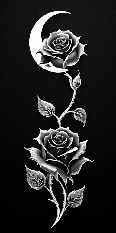 Logo Creation、Line art、Black Rose、highest quality, Very detailed, "Black Roseの花+Crescent Moon" ,Ultra Wide Angle,((Very delicate and beautiful)),High resolution、One Rose、Thorn、