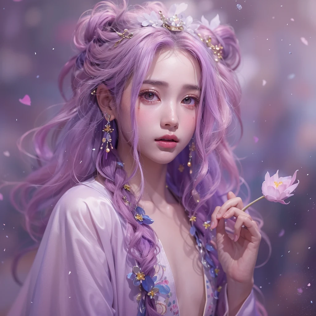 （（（Single eyelid）））Snow hoop exclusion area 32K（tmasterpiece，k hd，hyper HD，32K）Long flowing purple-pink hair，Autumn Pond，zydink， a color， Tongzhou people （Girl with glowing eyes）， （Thin silk scarf）， Side squat position， looking at the ground， long whitr hair， Floating hair， Python headdress， Chinese long-sleeved clothing， （abstract ink splash：1.2）， white backgrounid，Lotus protector（realisticlying：1.4），Purple-pink hair，Snowflakes fluttering，The background is pure， A high resolution， the detail， RAW photogr， Sharp Re， Nikon D850 Film Stock Photo by Jefferies Lee 4 Kodak Portra 400 Camera F1.6 shots, Rich colors, ultra-realistic vivid textures, Dramatic lighting, Unreal Engine Art Station Trend, cinestir 800，Long flowing purple-pink hair，((masterpiece)). This artwork is sweet, dreamy and ethereal, with soft pink watercolor hues and candy accents. Generate a delicate and demure fae exploring a (bubblegum world with a wide variety of pastel shades). Her sweet face is extremely detailed and realistic with elegant features and a fierce expression, and looks like ((((naomi scott)))). Include mature features and stunning, highly realistic eyes. Her eyes are important and should be realistic, highly detailed, and beautiful. In high definition and detail, include lots of details like stars, galaxies, colorful bubbles, colorful petals, and lots of energy and emotion! The stars and colorful bubblegum bubbles are important! Include fantasy details, enhanced details, iridescence, colorful glittering wind, and pollen. Pay special attention to her face and make sure it is beautifully and realistically detailed. The image should be dreamy and ethereal.8k, intricate, elegant, highly detailed, majestic, digital photography