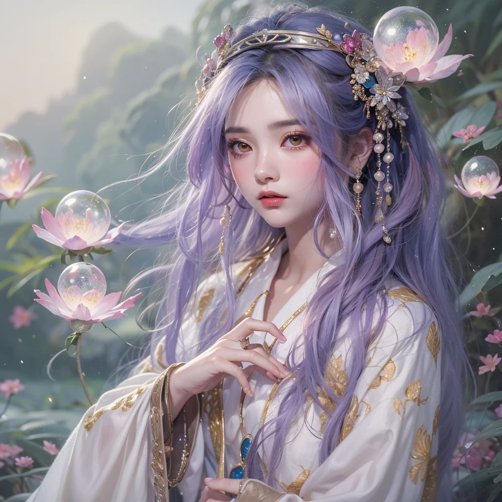 (((Single eyelid)))Snow hoop exclusion area 32K(tmasterpiece,k hd,hyper HD,32K)Long flowing purple-pink hair,Autumn Pond,zydink, a color, Tongzhou people (Girl with glowing eyes), (Thin silk scarf), Side squat position, looking at the ground, long whitr hair, Floating hair, Python headdress, Chinese long-sleeved clothing, (abstract ink splash:1.2), white backgrounid,Lotus protector(realisticlying:1.4),Purple-pink hair,Snowflakes fluttering,The background is pure, A high resolution, the detail, RAW photogr, Sharp Re, Nikon D850 Film Stock Photo by Jefferies Lee 4 Kodak Portra 400 Camera F1.6 shots, Rich colors, ultra-realistic vivid textures, Dramatic lighting, Unreal Engine Art Station Trend, cinestir 800,Long flowing purple-pink hair,((masterpiece)). This artwork is sweet, dreamy and ethereal, with soft pink watercolor hues and candy accents. Generate a delicate and demure fae exploring a (bubblegum world with a wide variety of pastel shades). Her sweet face is extremely detailed and realistic with elegant features and a fierce expression, and looks like ((((naomi scott)))). Include mature features and stunning, highly realistic eyes. Her eyes are important and should be realistic, highly detailed, and beautiful. In high definition and detail, include lots of details like stars, galaxies, colorful bubbles, colorful petals, and lots of energy and emotion! The stars and colorful bubblegum bubbles are important! Include fantasy details, enhanced details, iridescence, colorful glittering wind, and pollen. Pay special attention to her face and make sure it is beautifully and realistically detailed. The image should be dreamy and ethereal.8k, intricate, elegant, highly detailed, majestic, digital photography