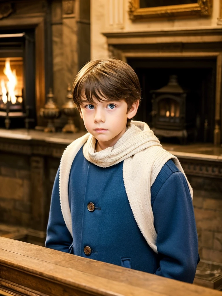 A boy next to a large fireplace elegant and old white skin light brown hair blue eyes fine features handsome boy shy look sad and serious fine elegant clothes London