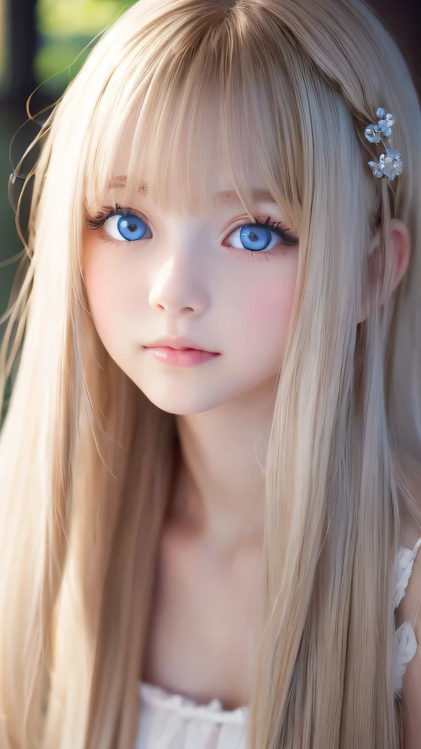 Very beautiful, bright, large light blue eyes、Very big eyes、Super long, super beautiful, bright blonde hair、Super long straight hair、Silky Hair、long bangs over the eyes、Very beautiful face, Young and shiny white skin、Sexy and very beautiful appearance、Beautiful and cute face、Very beautiful 14 year old, Stylish Nordic blonde beauty、A little larger chest, Full Body, Pubic hair, Very cute、hair over eyes、hair over one eye、hair between eyes、Round face