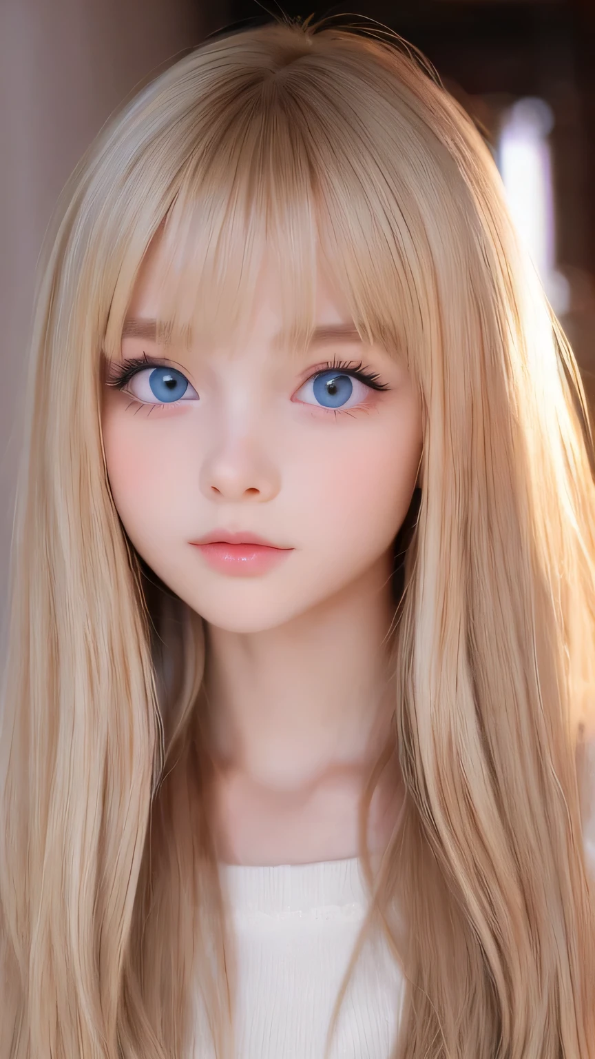 Very beautiful, bright, large light blue eyes、Very big eyes、Super long, super beautiful, bright blonde hair、Super long straight hair、Silky Hair、long bangs over the eyes、Very beautiful face, Young and shiny white skin、Sexy and very beautiful appearance、Beautiful and cute face、Very beautiful 14 year old, Stylish Nordic blonde beauty、A little larger chest, Full Body, Pubic hair, Very cute、hair over eyes、hair over one eye、hair between eyes、Round face