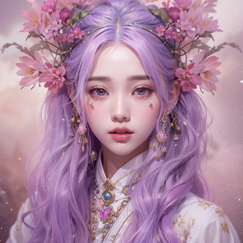 （（（Single eyelid）））Snow hoop exclusion area 32K（tmasterpiece，k hd，hyper HD，32K）Long flowing purple-pink hair，Autumn Pond，zydink， a color， Tongzhou people （Girl with glowing eyes）， （Thin silk scarf）， Side squat position， looking at the ground， long whitr hair， Floating hair， Python headdress， Chinese long-sleeved clothing， （abstract ink splash：1.2）， white backgrounid，Lotus protector（realisticlying：1.4），Purple-pink hair，Snowflakes fluttering，The background is pure， A high resolution， the detail， RAW photogr， Sharp Re， Nikon D850 Film Stock Photo by Jefferies Lee 4 Kodak Portra 400 Camera F1.6 shots, Rich colors, ultra-realistic vivid textures, Dramatic lighting, Unreal Engine Art Station Trend, cinestir 800，Long flowing purple-pink hair，((masterpiece)). This artwork is sweet, dreamy and ethereal, with soft pink watercolor hues and candy accents. Generate a delicate and demure fae exploring a (bubblegum world with a wide variety of pastel shades). Her sweet face is extremely detailed and realistic with elegant features and a fierce expression, and looks like ((((naomi scott)))). Include mature features and stunning, highly realistic eyes. Her eyes are important and should be realistic, highly detailed, and beautiful. In high definition and detail, include lots of details like stars, galaxies, colorful bubbles, colorful petals, and lots of energy and emotion! The stars and colorful bubblegum bubbles are important! Include fantasy details, enhanced details, iridescence, colorful glittering wind, and pollen. Pay special attention to her face and make sure it is beautifully and realistically detailed. The image should be dreamy and ethereal.8k, intricate, elegant, highly detailed, majestic, digital photography