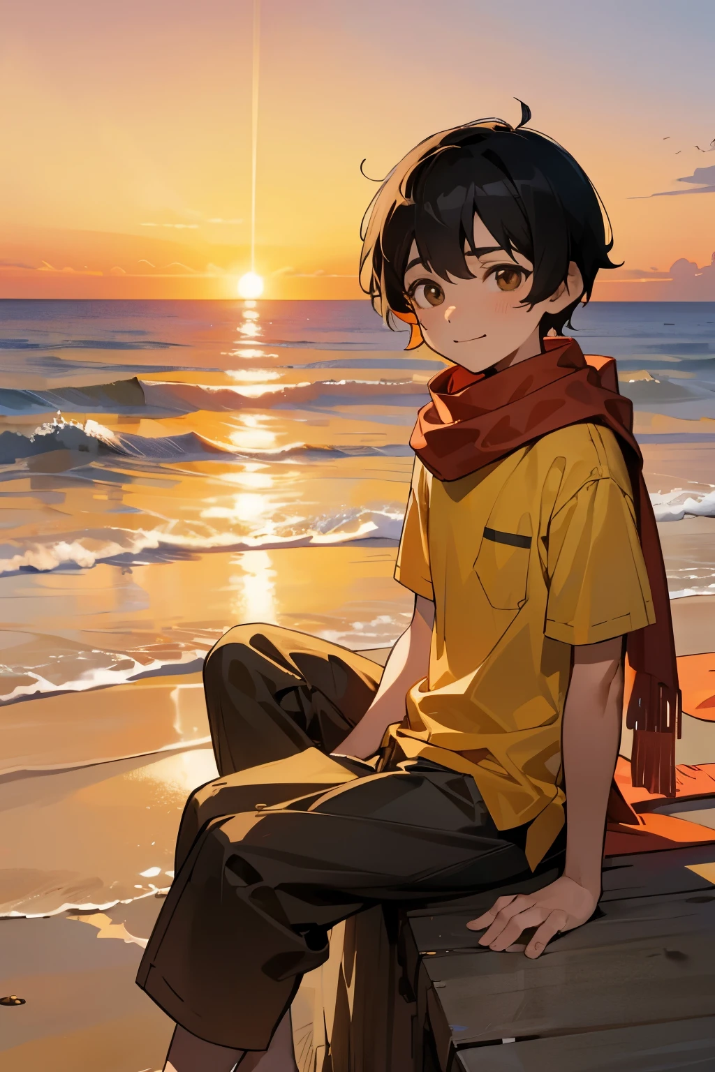 boy, human male, kid, , short hair, black hair, brown eyes, sad smile, yellow shirt, black shorts, red scarf, sitting, sunset, beach, HD, vibrant eyes