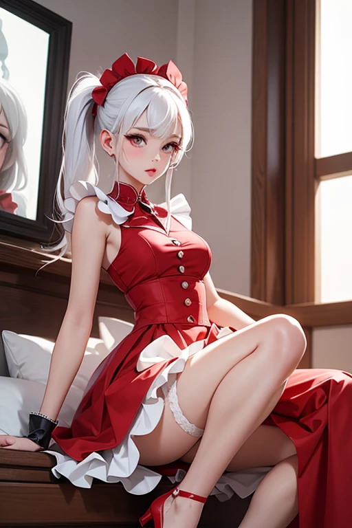 Woman, gorgeous, sexy, white hair, red eyes, two ponytails, red maid-like dress, black and white little details, ruffled skirt, seductive look, seductive pose, white stockings up to the middle of the thighs, red shoes