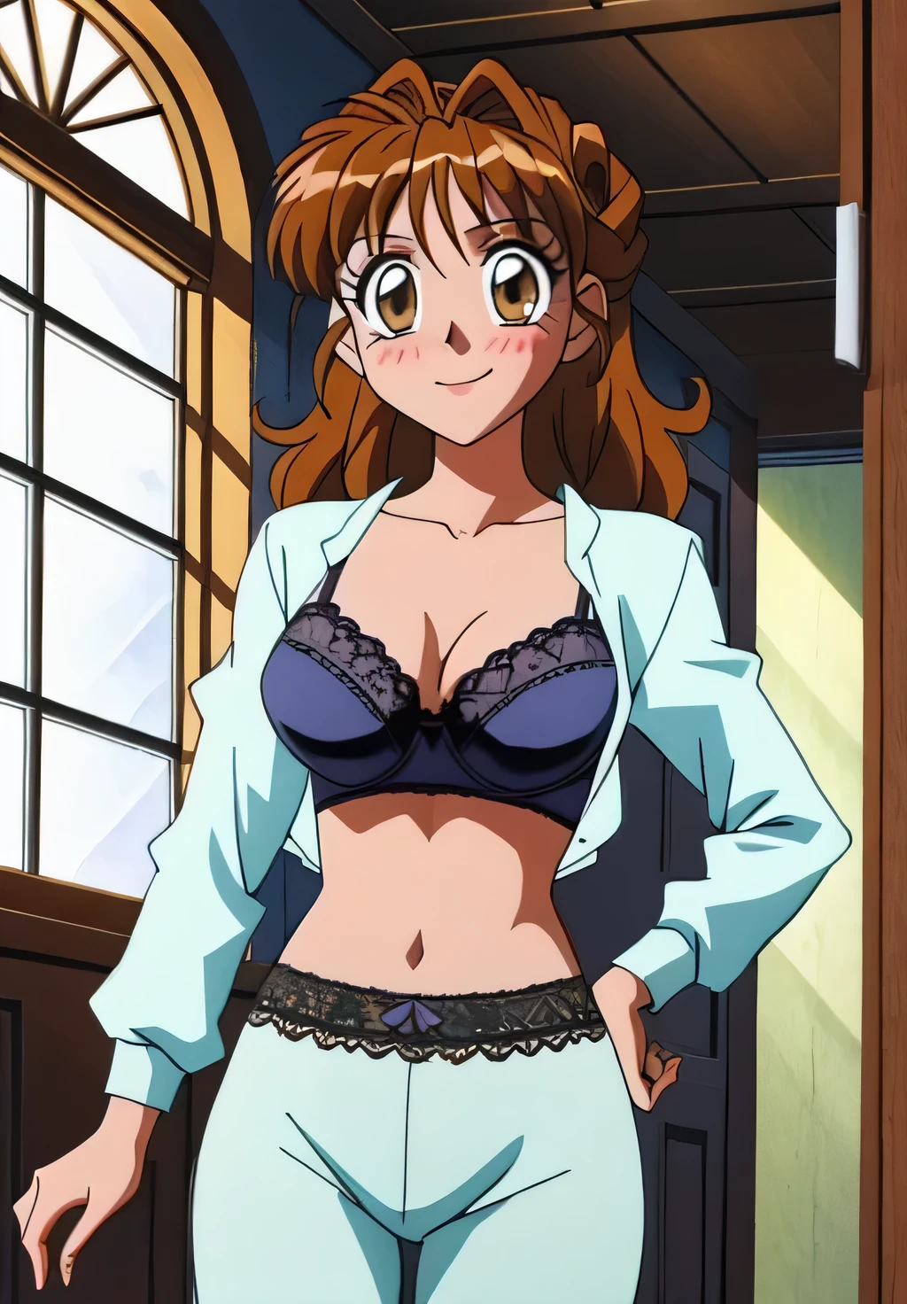 Maron,(((underwear))),(((Pink Bra))),pupil_Brown,blush,Embarrassing,smile,Striptease,Maron_Change clothes,masterpiece, expensive quality, very_expensive_solve, big_file size, Full Color,