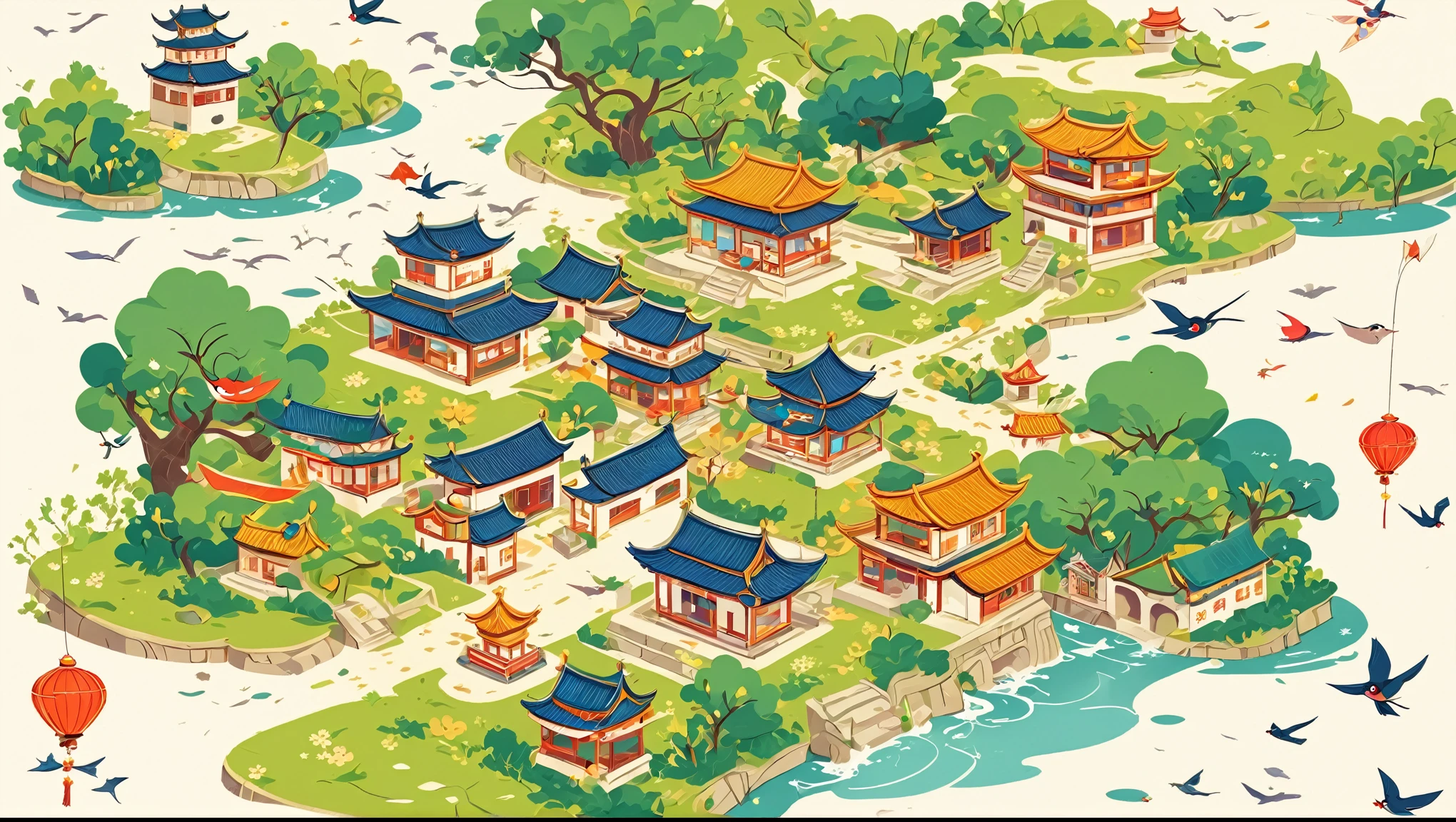 Chinese style, Chinese town， cute cartoon map, light colors, swallows, rivers, trees, ancient buildings, kite flyers