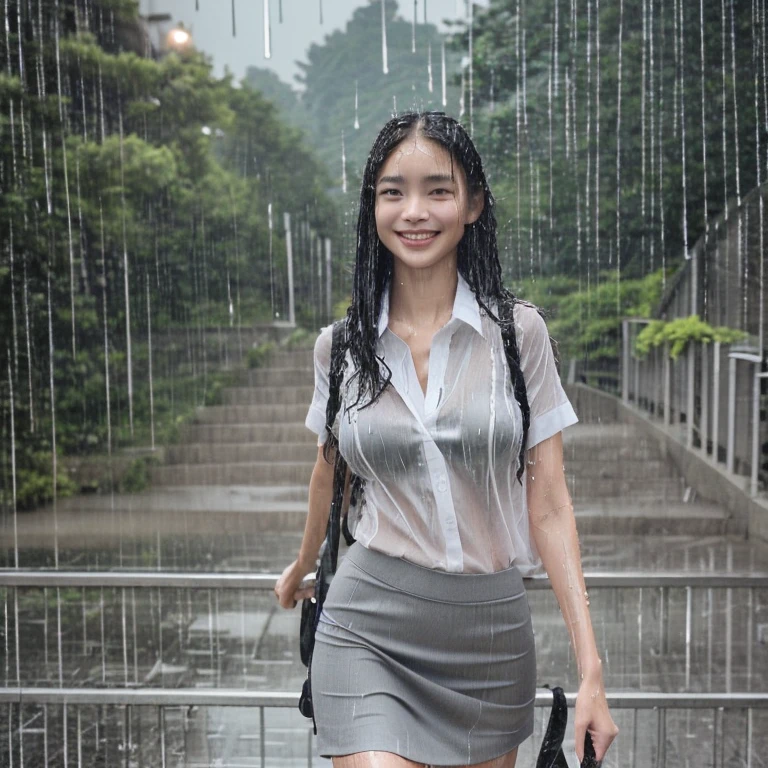 two natural 18 year old woman. unbuttoned shirt loose open, no bra, showing the nipples, big chest, uniform blowing in the wind upwards wearing grey long pashmina hijab in her head, wearing a white short sleevelees shirt,   (rainy wet, wet from rain, wet body :1.6), slim face, oval face, thin body, slim body and pretty form women,, and grey short skirt walking up the stairs, carrying a bagschool. leaning against the iron railing at the top of the hill, behind her is school. she's , lustfull smile, seducting look, depth of field, cinematic, very detail, ultra HD, sharp focus, realistic photography, The picture was taken in its entirety.