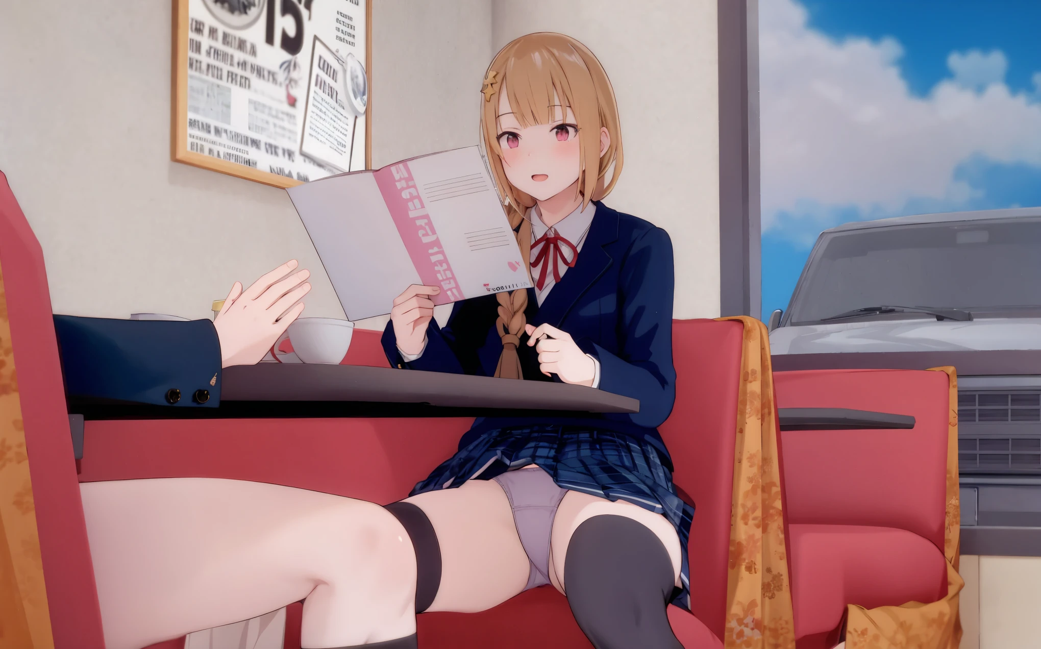 ecchi anime style, ecchi style, azur lane style, visual novel key visual, anime girls in underwear posing for a picture with a pink background, three girls in school uniforms standing in a library, ecchi anime style, hololive, ecchi, in clothes! highly detailed, visual novel cg, jk uniform, high school girls, upskirt, panty, anime maids riding early tanks