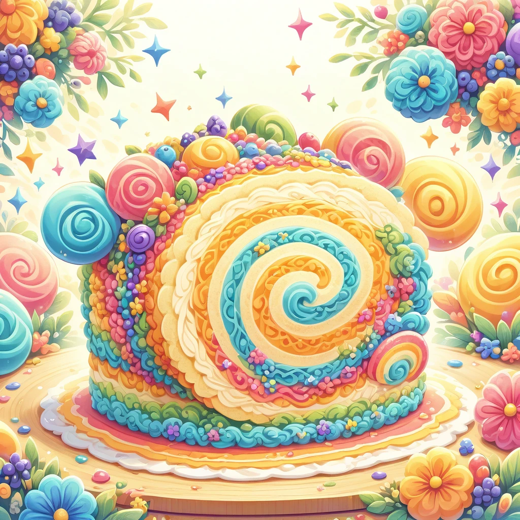 A vector illustration of a beautifully colorful slice of Swiss roll cake, depicted in a delicious and delicate style, viewed from the front. The cake slice is designed to highlight its vibrant colors and appealing texture, emphasizing its mouth-watering appearance. This clean and simple representation focuses on the intricate layers and creamy filling of the Swiss roll, showcasing its aesthetic appeal and taste.