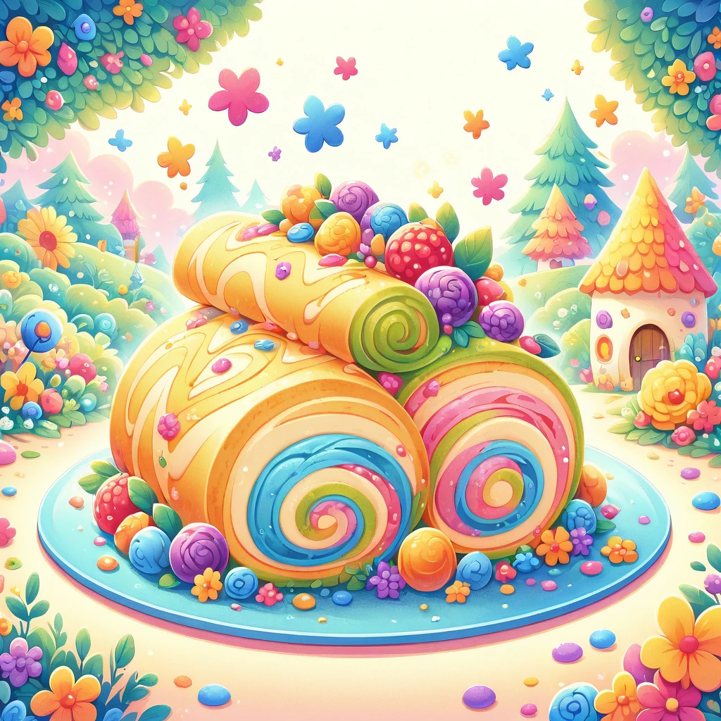 A vector illustration of a beautifully colorful slice of Swiss roll cake, depicted in a delicious and delicate style, viewed from the front. The cake slice is designed to highlight its vibrant colors and appealing texture, emphasizing its mouth-watering appearance. This clean and simple representation focuses on the intricate layers and creamy filling of the Swiss roll, showcasing its aesthetic appeal and taste.