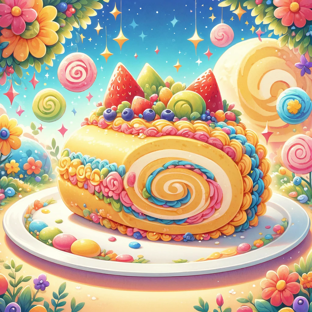 A vector illustration of a beautifully colorful slice of Swiss roll cake, depicted in a delicious and delicate style, viewed from the front. The cake slice is designed to highlight its vibrant colors and appealing texture, emphasizing its mouth-watering appearance. This clean and simple representation focuses on the intricate layers and creamy filling of the Swiss roll, showcasing its aesthetic appeal and taste.