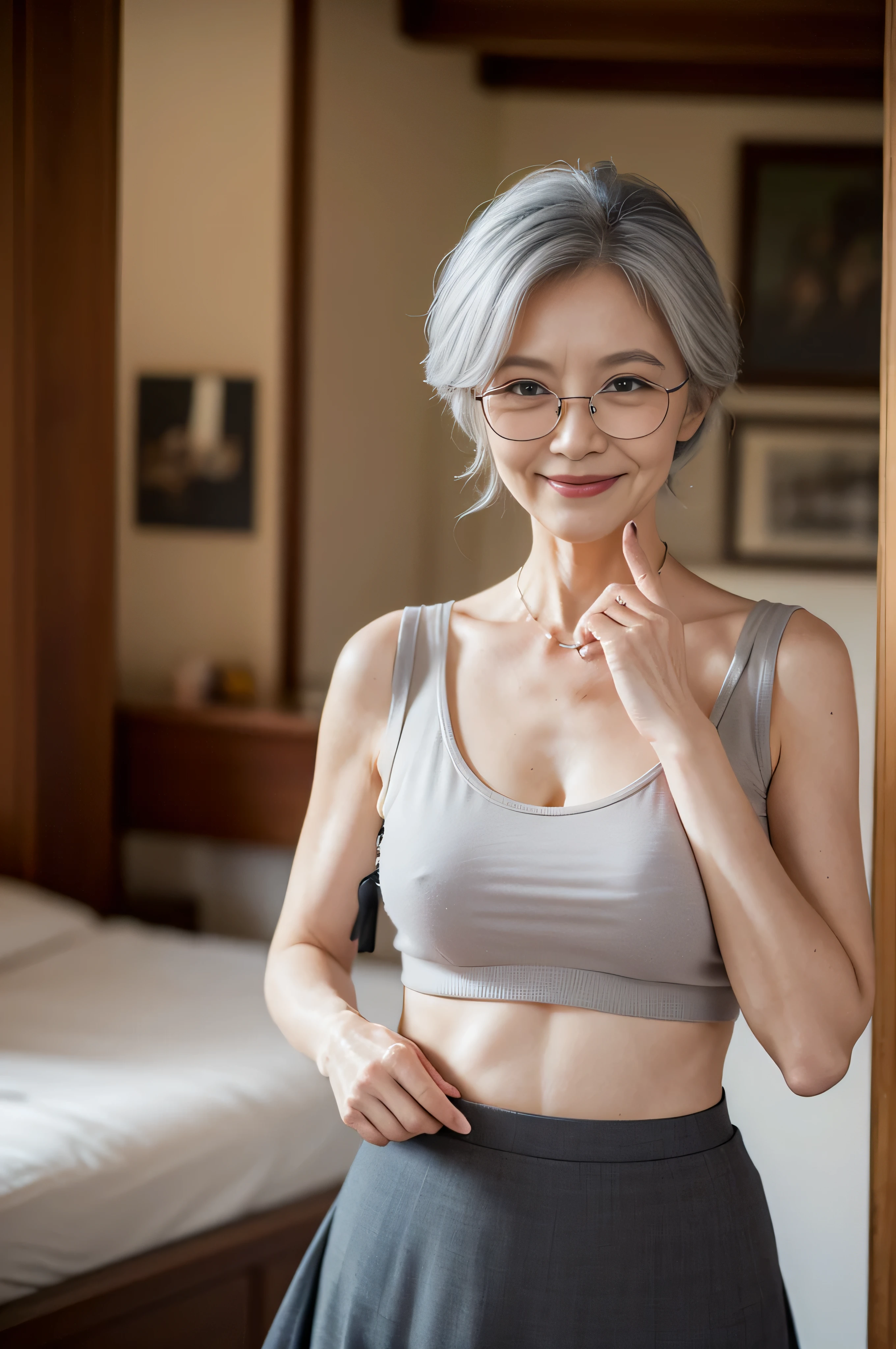 (Masterpiece:1.4),(60-year-old woman:1.4),(Wrinkles on the face1.24),smile,gray hair,square glasses,(panchira,skirt,skirt lift,panty shot:1.3)
