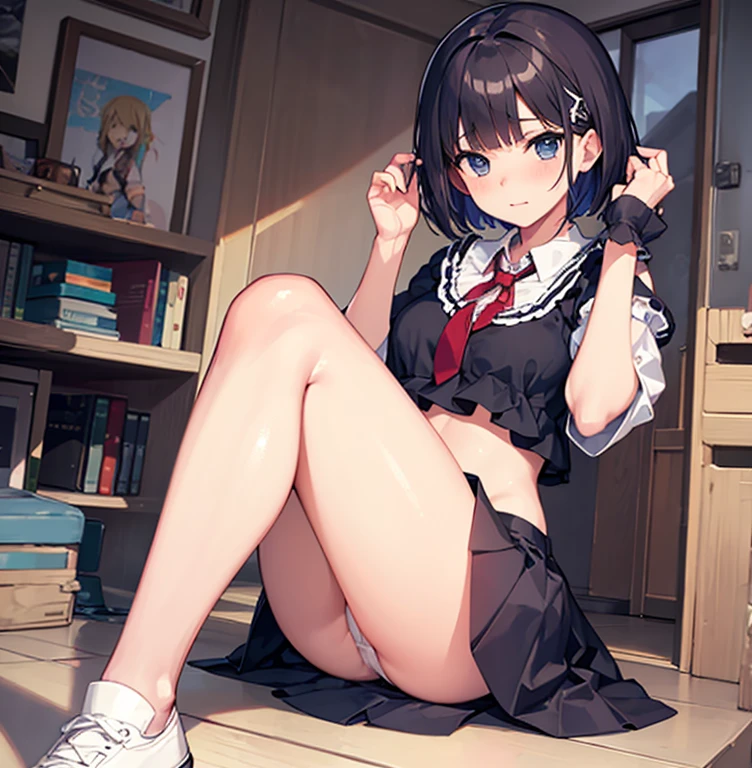skirt lift, panties pull, lift skirt , no panties, Wet、bob cut, Naughty anime style、Beautiful Anime Girls、From below、Embarrassing、 、(masterpiece, best quality:1.2), illustration, 8k, hd, 1girl, solo