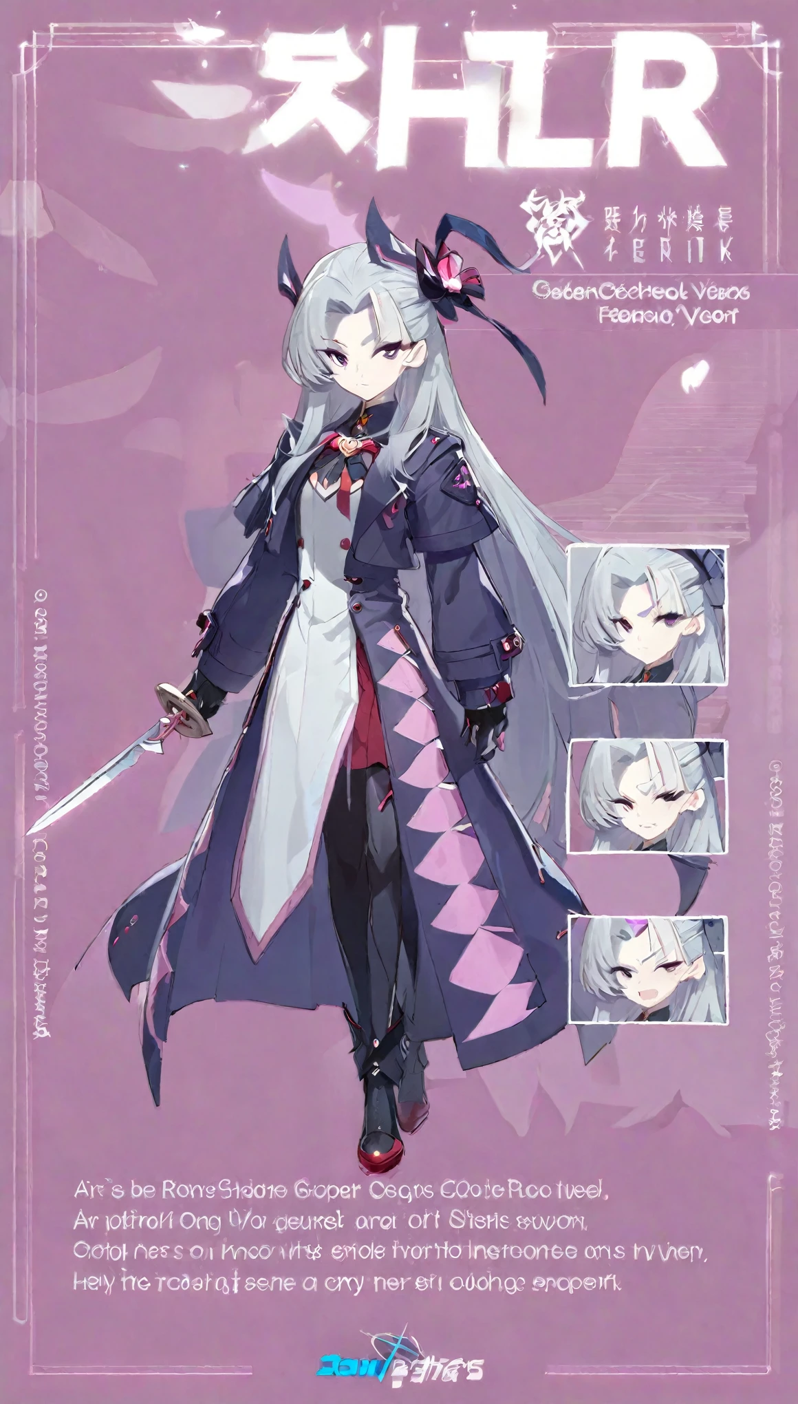 One Girl,Female Leader of an Evil Organization,Long Hair,Grey Hair,Magical Girl&#39;s Nemesis,high school student,Concept Art,Long coat,whole body,Are standing,cool,There are wounds around the eyes,knife,Simple background gray,鞘に納めてるknifeを手にもっている,