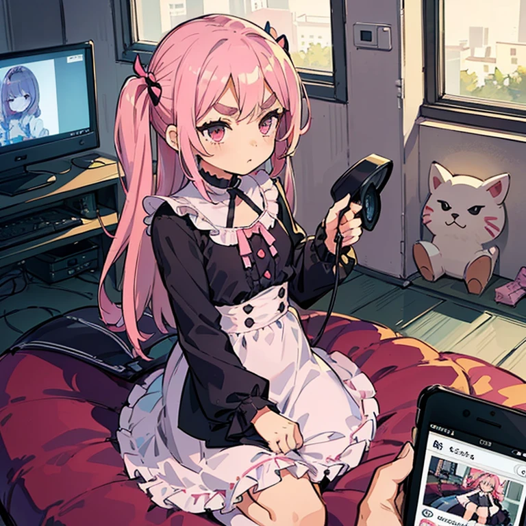 Girls with pink hair, long double-tailed hairstyle, ((small pink bushy eyebrows)), dressed in ta clothes, marked vagina, loli(Zankuro) drawing style by zankuro artist, Zancro style, image uploaded to R34, changing of clothes in a room, looking away, not looking at the camera (hidden camera recording it, security camera filter recording it)