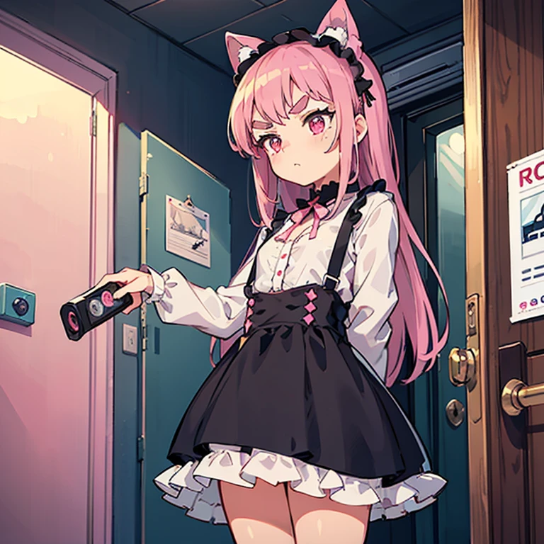 Girls with pink hair, long double-tailed hairstyle, ((small pink bushy eyebrows)), dressed in ta clothes, marked vagina, loli(Zankuro) drawing style by zankuro artist, Zancro style, image uploaded to R34, changing of clothes in a room, looking away, not looking at the camera (hidden camera recording it, security camera filter recording it)