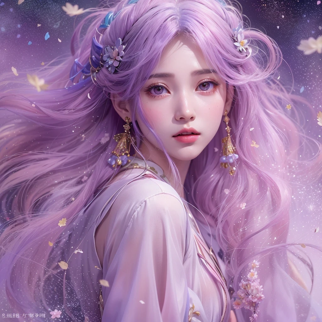 (((Single eyelid)))Snow hoop exclusion area 32K(tmasterpiece,k hd,hyper HD,32K)Long flowing purple-pink hair,Autumn Pond,zydink, a color, Tongzhou people (Girl with glowing eyes), (Thin silk scarf), Side squat position, looking at the ground, long whitr hair, Floating hair, Python headdress, Chinese long-sleeved clothing, (abstract ink splash:1.2), white backgrounid,Lotus protector(realisticlying:1.4),Purple-pink hair,Snowflakes fluttering,The background is pure, A high resolution, the detail, RAW photogr, Sharp Re, Nikon D850 Film Stock Photo by Jefferies Lee 4 Kodak Portra 400 Camera F1.6 shots, Rich colors, ultra-realistic vivid textures, Dramatic lighting, Unreal Engine Art Station Trend, cinestir 800,Long flowing purple-pink hair,((masterpiece)). This artwork is sweet, dreamy and ethereal, with soft pink watercolor hues and candy accents. Generate a delicate and demure fae exploring a (bubblegum world with a wide variety of pastel shades). Her sweet face is extremely detailed and realistic with elegant features and a fierce expression, and looks like ((((naomi scott)))). Include mature features and stunning, highly realistic eyes. Her eyes are important and should be realistic, highly detailed, and beautiful. In high definition and detail, include lots of details like stars, galaxies, colorful bubbles, colorful petals, and lots of energy and emotion! The stars and colorful bubblegum bubbles are important! Include fantasy details, enhanced details, iridescence, colorful glittering wind, and pollen. Pay special attention to her face and make sure it is beautifully and realistically detailed. The image should be dreamy and ethereal.8k, intricate, elegant, highly detailed, majestic, digital photography