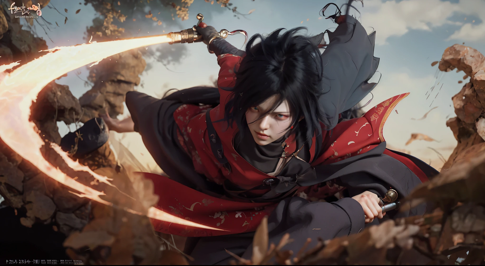 Anime character holding a sword wearing red clothes with many people, Uchiha Madara, Sasuke Uchiha, Cool Anime 8K, Uchiha Bandei, Anime epic artwork, Joker as Naruto,, epic anime style, Anime Wallpaper, Live-action style 8k, High-quality anime art style,Highest image quality, Outstanding details, Ultra-high resolution, (realism: 1.4), Best example, Favor the details,Realistic characters,Realistic image,Hyperrealism
