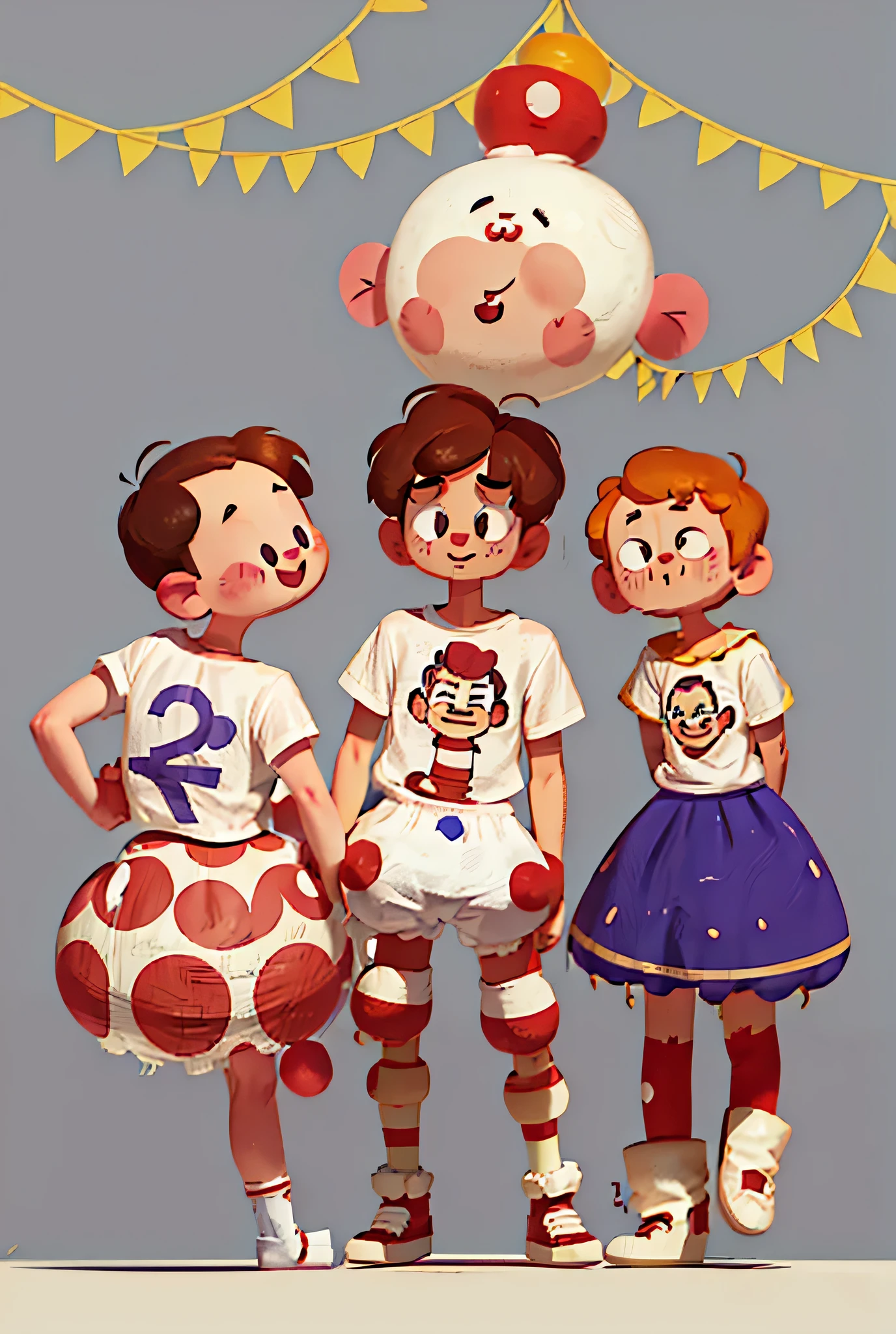 Character sheet of a A 15years old boy ,clown from circus ,front ,side ,back , three quarter pose,full body turn around ,wearing clown costume ,male,wearing t shirt, big expressive eyes,white background 