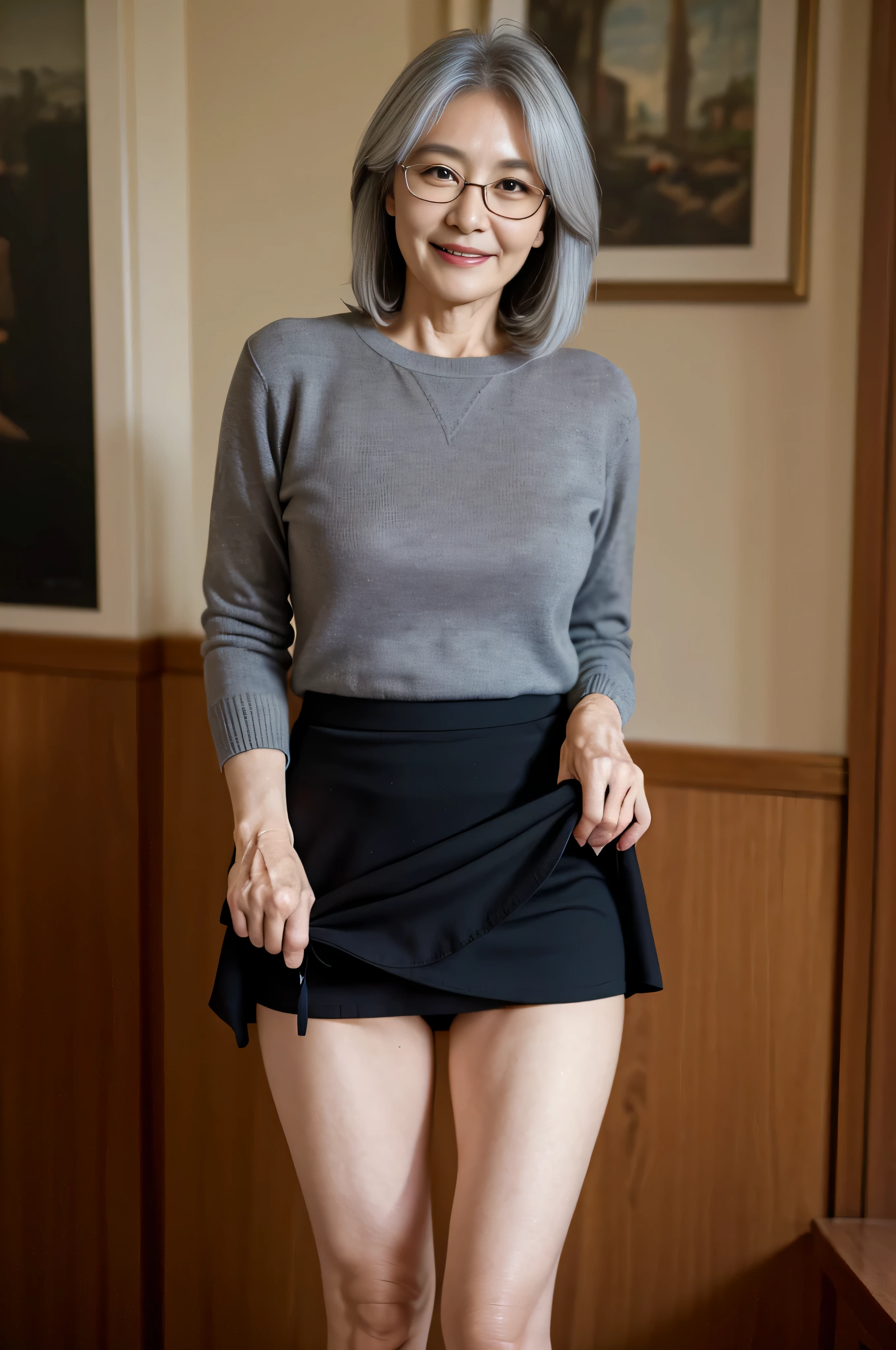(Masterpiece:1.4),(60-year-old woman:1.4),(Wrinkles on the face1.24),smile,gray hair,square glasses,(panchira,skirt,skirt lift,panty shot:1.3)