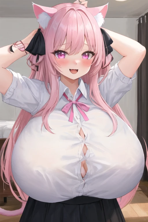 masterpiece, best quality, 1girl, (pink hair, long hair, detailed hair, cat ears, pink eyes, black hair ribbons:1.2), cute, (horny, horny eyes, extremely horny face, excited, heavily blushing:1.1), bedroom, (white buttoned shirt:1.1), (topheavy, huge breasts, bursting breasts:1.2)