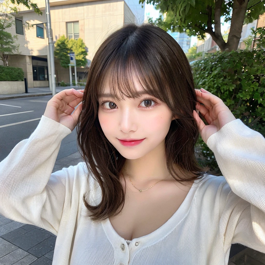 highest quality, shape, Very detailed, finely, High resolution, 8k wallpaper, 完璧なダイナミックな構shape, Beautiful and detailed, Summer clothes,Medium Hair,Natural color lip,smile,20-year-old girl、Midnight、Beautiful and elaborate face、Perfect and beautiful face、Slim face and figure,spread your arms wide,Big eyes,Take a photo with your face raised from below your knees、Small face、Beautifully detailed face、Perfect and beautiful double eyelids、Big cleavage、Thin legs、One Woman