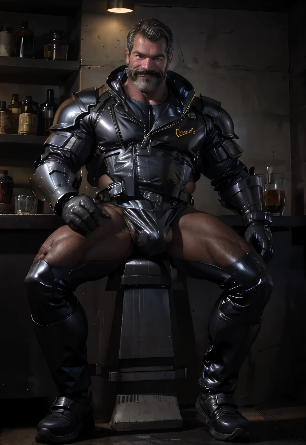 full body portrait, strong burly hairy mature older man(space captain), wearing futuristic captain's uniform insignia (neon and black) (open and revealing) (latex) , gray hair, broad shoulders, round belly, thick feet, bulging micro thong, barefoot, scifi spaceship captain uniform, neon lights, best quality elegant masterpiece, face looks like Tom Selleck (Magnum PI) , military buzzcut, dark mustache, gray stubble, latex, wearing a latex thong, big bulging crotch, futuristic gear equipment, wearing see through plastic chest armor (neon yellow and electric blue), wearing neon yellow see through chest armor, wearing electric blue latex chaps(see-through) , wearing cool neon sneakers,in spaceship cockpit, lying in spaceship sleeping quarters(bed) (view from above), smiling with teeth showing, nicebulge, waiting in bed, glowing armor, legs up(!) and spread(!) , big muscle ass, wet and dripping ass, visible asshole(!) , wet asshole, hairy pecs, thick long legs, silver hair, nice bulge,
