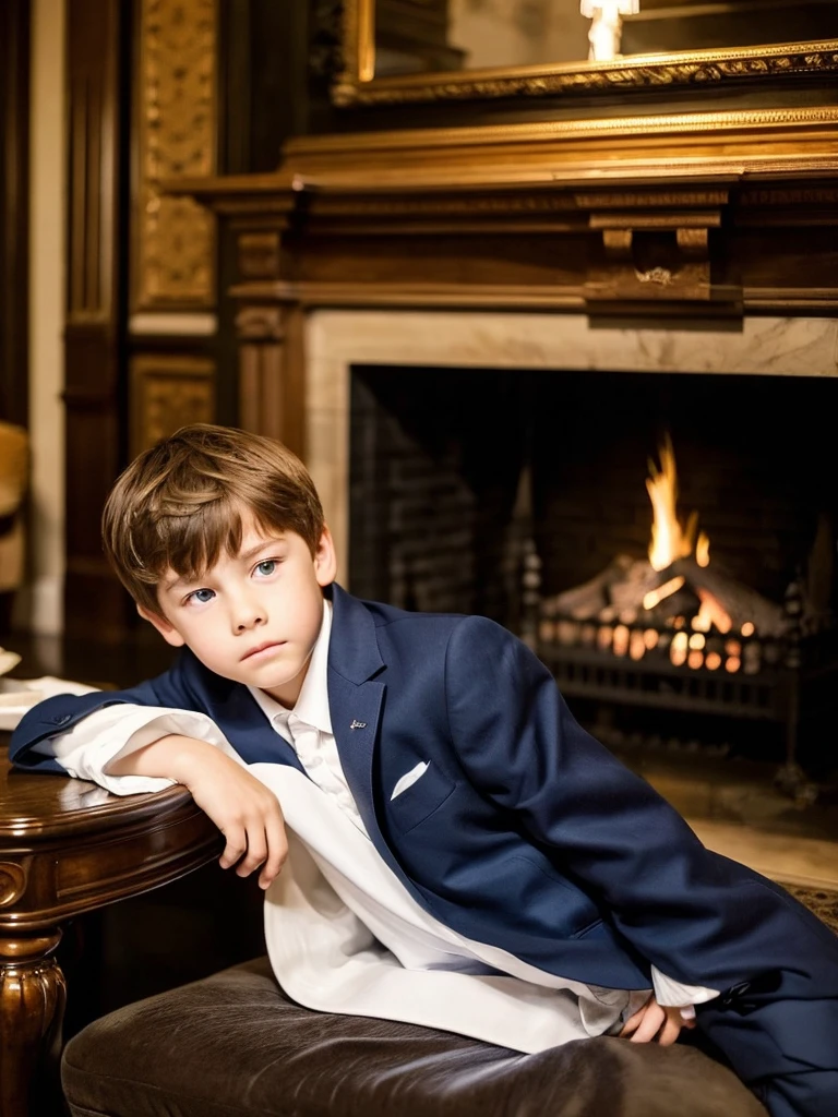 A -yeld boext to a large fireplace, elegant and old, white skin, light brown hair, blue eyes, fine features, handsome boy, shy look, sad and serious, very elegant clothes, fine London 