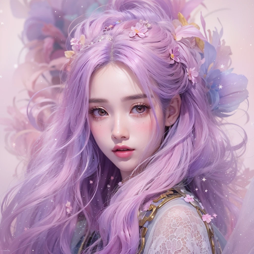 （（（Single eyelid）））Snow hoop exclusion area 32K（tmasterpiece，k hd，hyper HD，32K）Long flowing purple-pink hair，Autumn Pond，zydink， a color， Tongzhou people （Girl with glowing eyes）， （Thin silk scarf）， Side squat position， looking at the ground， long whitr hair， Floating hair， Python headdress， Chinese long-sleeved clothing， （abstract ink splash：1.2）， white backgrounid，Lotus protector（realisticlying：1.4），Purple-pink hair，Snowflakes fluttering，The background is pure， A high resolution， the detail， RAW photogr， Sharp Re， Nikon D850 Film Stock Photo by Jefferies Lee 4 Kodak Portra 400 Camera F1.6 shots, Rich colors, ultra-realistic vivid textures, Dramatic lighting, Unreal Engine Art Station Trend, cinestir 800，Long flowing purple-pink hair，((masterpiece)). This artwork is sweet, dreamy and ethereal, with soft pink watercolor hues and candy accents. Generate a delicate and demure fae exploring a (bubblegum world with a wide variety of pastel shades). Her sweet face is extremely detailed and realistic with elegant features and a fierce expression, and looks like ((((naomi scott)))). Include mature features and stunning, highly realistic eyes. Her eyes are important and should be realistic, highly detailed, and beautiful. In high definition and detail, include lots of details like stars, galaxies, colorful bubbles, colorful petals, and lots of energy and emotion! The stars and colorful bubblegum bubbles are important! Include fantasy details, enhanced details, iridescence, colorful glittering wind, and pollen. Pay special attention to her face and make sure it is beautifully and realistically detailed. The image should be dreamy and ethereal.8k, intricate, elegant, highly detailed, majestic, digital photography