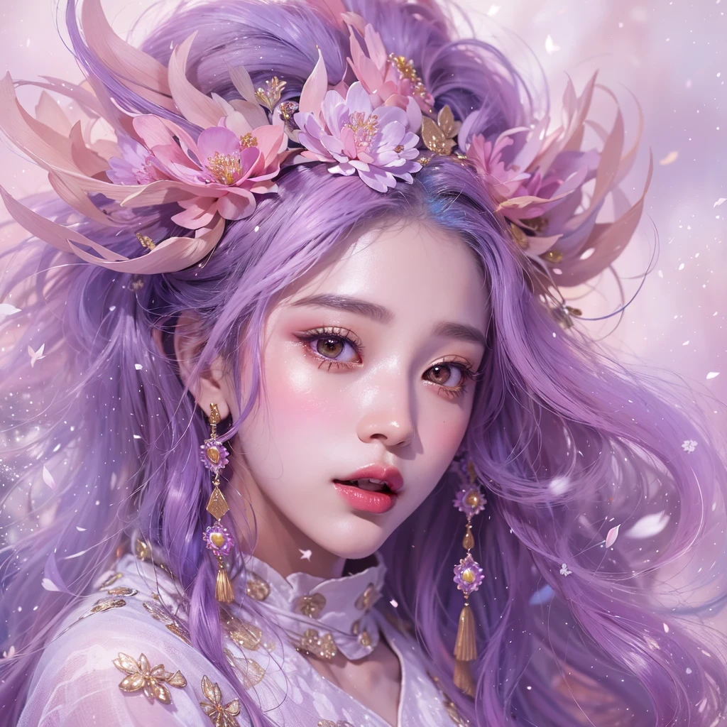 (((Single eyelid)))Snow hoop exclusion area 32K(tmasterpiece,k hd,hyper HD,32K)Long flowing purple-pink hair,Autumn Pond,zydink, a color, Tongzhou people (Girl with glowing eyes), (Thin silk scarf), Side squat position, looking at the ground, long whitr hair, Floating hair, Python headdress, Chinese long-sleeved clothing, (abstract ink splash:1.2), white backgrounid,Lotus protector(realisticlying:1.4),Purple-pink hair,Snowflakes fluttering,The background is pure, A high resolution, the detail, RAW photogr, Sharp Re, Nikon D850 Film Stock Photo by Jefferies Lee 4 Kodak Portra 400 Camera F1.6 shots, Rich colors, ultra-realistic vivid textures, Dramatic lighting, Unreal Engine Art Station Trend, cinestir 800,Long flowing purple-pink hair,((masterpiece)). This artwork is sweet, dreamy and ethereal, with soft pink watercolor hues and candy accents. Generate a delicate and demure fae exploring a (bubblegum world with a wide variety of pastel shades). Her sweet face is extremely detailed and realistic with elegant features and a fierce expression, and looks like ((((naomi scott)))). Include mature features and stunning, highly realistic eyes. Her eyes are important and should be realistic, highly detailed, and beautiful. In high definition and detail, include lots of details like stars, galaxies, colorful bubbles, colorful petals, and lots of energy and emotion! The stars and colorful bubblegum bubbles are important! Include fantasy details, enhanced details, iridescence, colorful glittering wind, and pollen. Pay special attention to her face and make sure it is beautifully and realistically detailed. The image should be dreamy and ethereal.8k, intricate, elegant, highly detailed, majestic, digital photography