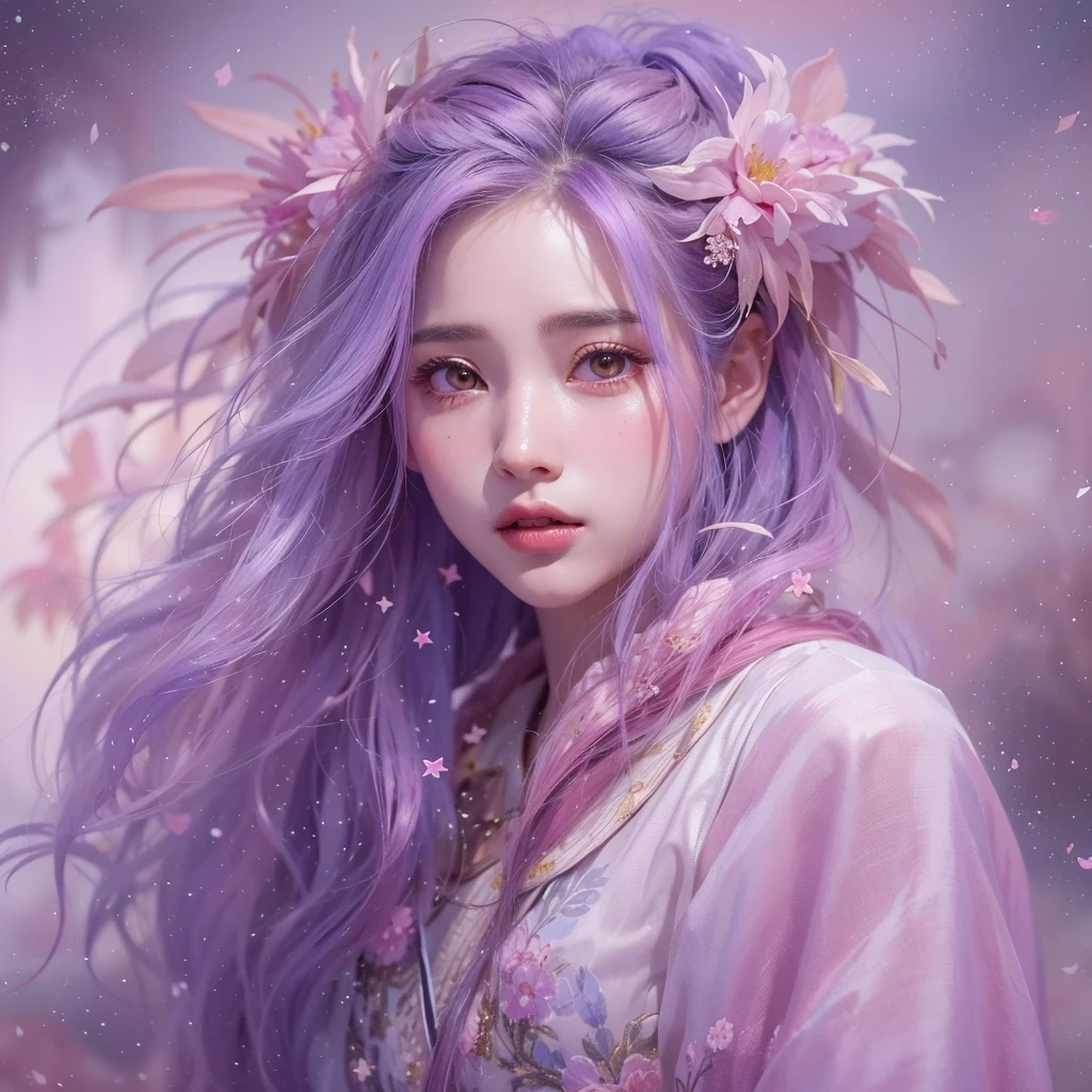 (((Single eyelid)))Snow hoop exclusion area 32K(tmasterpiece,k hd,hyper HD,32K)Long flowing purple-pink hair,Autumn Pond,zydink, a color, Tongzhou people (Girl with glowing eyes), (Thin silk scarf), Side squat position, looking at the ground, long whitr hair, Floating hair, Python headdress, Chinese long-sleeved clothing, (abstract ink splash:1.2), white backgrounid,Lotus protector(realisticlying:1.4),Purple-pink hair,Snowflakes fluttering,The background is pure, A high resolution, the detail, RAW photogr, Sharp Re, Nikon D850 Film Stock Photo by Jefferies Lee 4 Kodak Portra 400 Camera F1.6 shots, Rich colors, ultra-realistic vivid textures, Dramatic lighting, Unreal Engine Art Station Trend, cinestir 800,Long flowing purple-pink hair,((masterpiece)). This artwork is sweet, dreamy and ethereal, with soft pink watercolor hues and candy accents. Generate a delicate and demure fae exploring a (bubblegum world with a wide variety of pastel shades). Her sweet face is extremely detailed and realistic with elegant features and a fierce expression, and looks like ((((naomi scott)))). Include mature features and stunning, highly realistic eyes. Her eyes are important and should be realistic, highly detailed, and beautiful. In high definition and detail, include lots of details like stars, galaxies, colorful bubbles, colorful petals, and lots of energy and emotion! The stars and colorful bubblegum bubbles are important! Include fantasy details, enhanced details, iridescence, colorful glittering wind, and pollen. Pay special attention to her face and make sure it is beautifully and realistically detailed. The image should be dreamy and ethereal.8k, intricate, elegant, highly detailed, majestic, digital photography