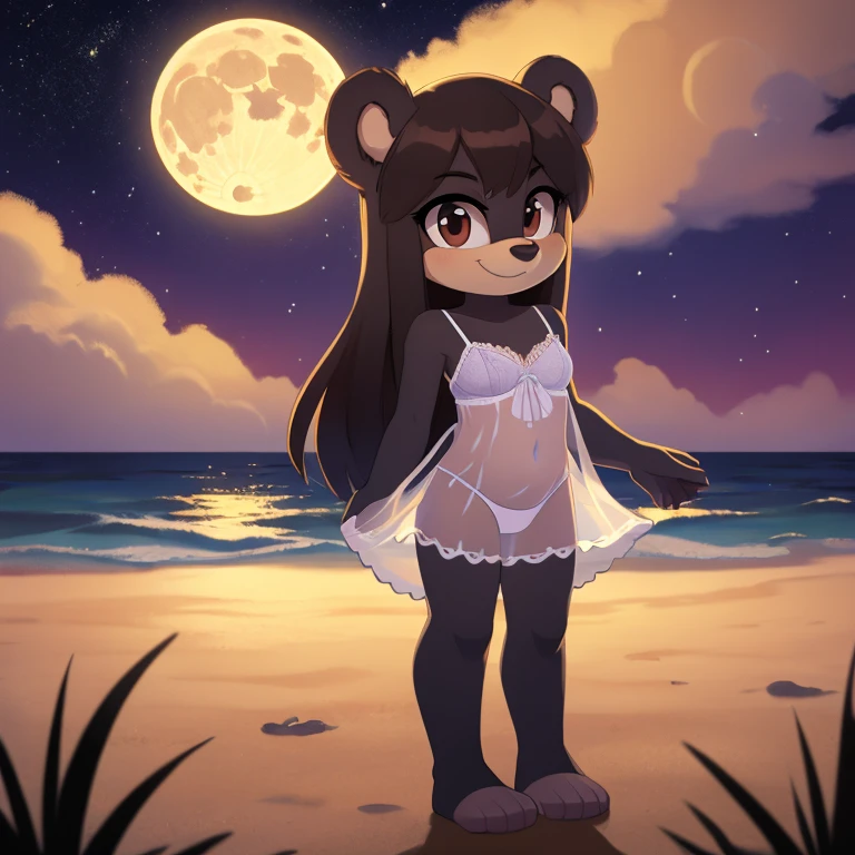 mobian bear, brown hair, brown eyes, black hair, black fur, straight hair, long hair, female, small breasts, ocean, female, 1girl, portrait, standing, nightgown, white clothes, dominant female, smile, shore, frilled underwear, night, moon, stars, ghost, transparent body, psychedelic background, Masterpiece, high quality, studio quality, intricate details, 4k, solo