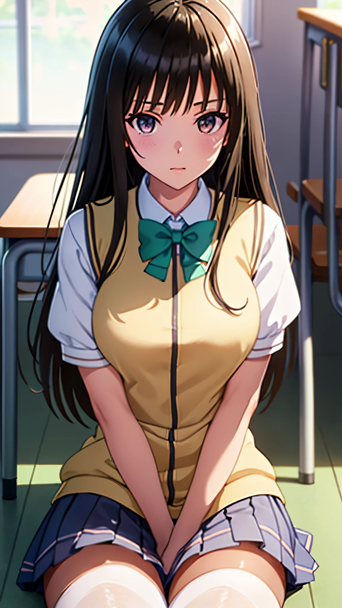 masterpiece, best quality, super detailed, illustration, colorful, falt color, depth of field, lens flare, 1girl, anime, sitting, brunette, looking at viewer, school, classroom, pleated miniskirt, school uniform, serafuku, black Pantyhose, detailed skin texture, detailed cloth texture, beautiful and detailed face,