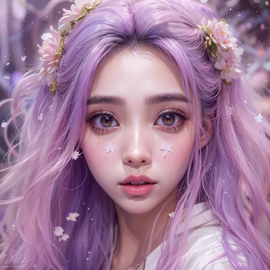 (((Single eyelid)))Snow hoop exclusion area 32K(tmasterpiece,k hd,hyper HD,32K)Long flowing purple-pink hair,Autumn Pond,zydink, a color, Tongzhou people (Girl with glowing eyes), (Thin silk scarf), Side squat position, looking at the ground, long whitr hair, Floating hair, Python headdress, Chinese long-sleeved clothing, (abstract ink splash:1.2), white backgrounid,Lotus protector(realisticlying:1.4),Purple-pink hair,Snowflakes fluttering,The background is pure, A high resolution, the detail, RAW photogr, Sharp Re, Nikon D850 Film Stock Photo by Jefferies Lee 4 Kodak Portra 400 Camera F1.6 shots, Rich colors, ultra-realistic vivid textures, Dramatic lighting, Unreal Engine Art Station Trend, cinestir 800,Long flowing purple-pink hair,((masterpiece)). This artwork is sweet, dreamy and ethereal, with soft pink watercolor hues and candy accents. Generate a delicate and demure fae exploring a (bubblegum world with a wide variety of pastel shades). Her sweet face is extremely detailed and realistic with elegant features and a fierce expression, and looks like ((((naomi scott)))). Include mature features and stunning, highly realistic eyes. Her eyes are important and should be realistic, highly detailed, and beautiful. In high definition and detail, include lots of details like stars, galaxies, colorful bubbles, colorful petals, and lots of energy and emotion! The stars and colorful bubblegum bubbles are important! Include fantasy details, enhanced details, iridescence, colorful glittering wind, and pollen. Pay special attention to her face and make sure it is beautifully and realistically detailed. The image should be dreamy and ethereal.8k, intricate, elegant, highly detailed, majestic, digital photography