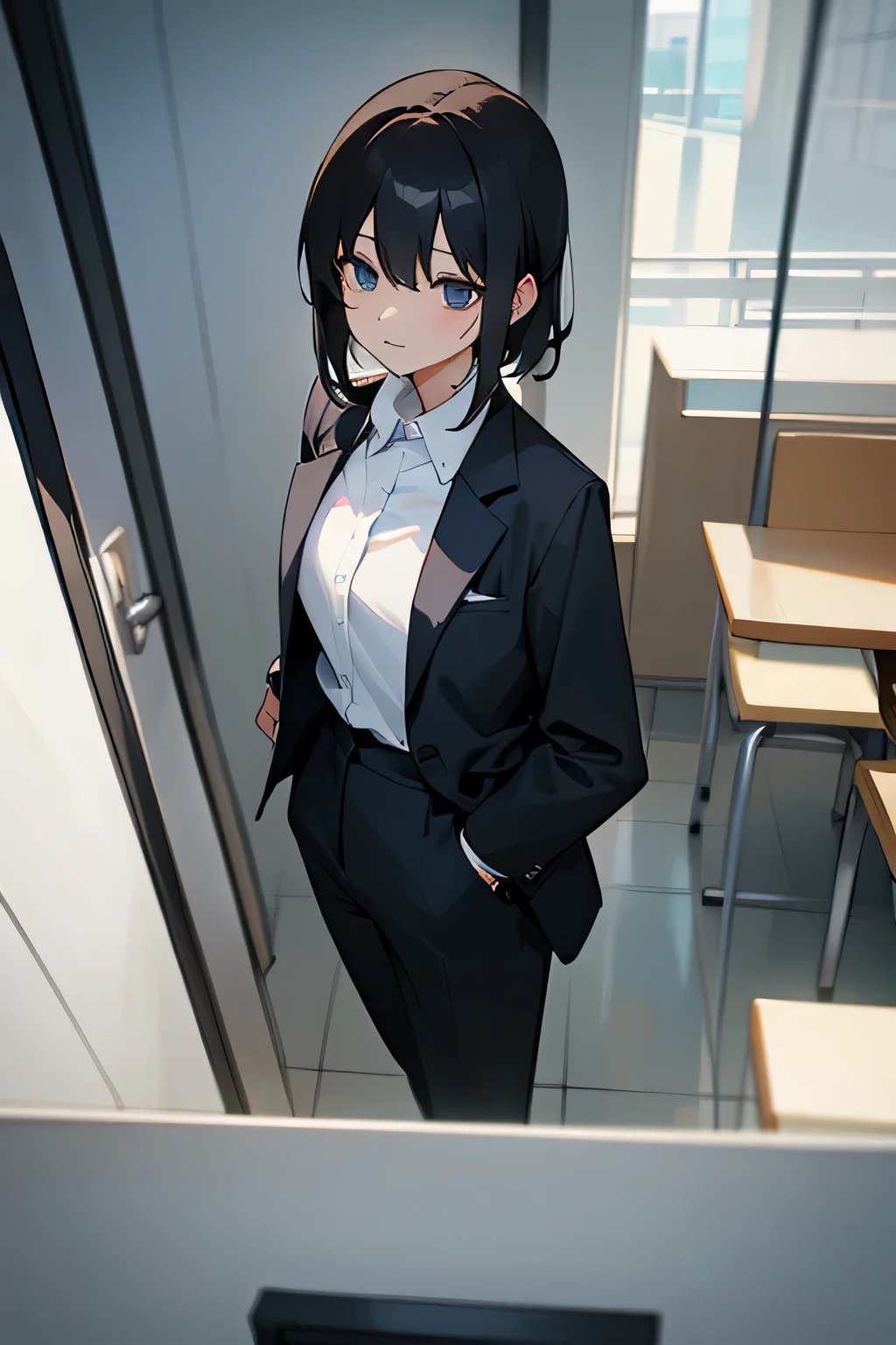 Real estate sales、Explaining the property to customers、From the customer's perspective、Female in her 30s、　black suit、white shirt