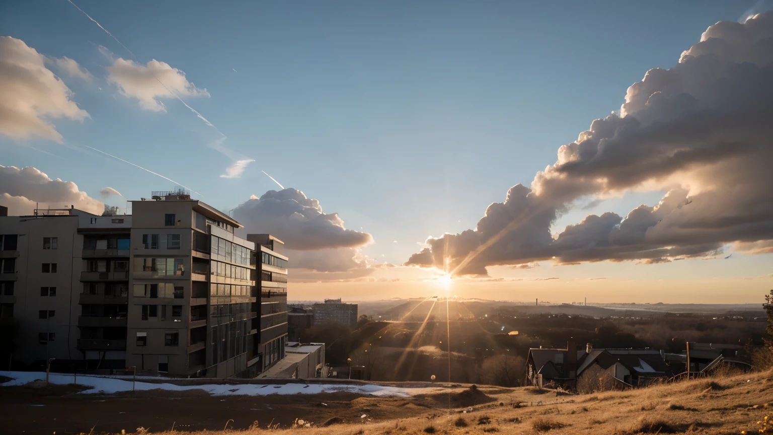 outdoors, sky, day, cloud, blue sky, no humans, sunlight, cloudy sky, building, scenery, lens flare, sun