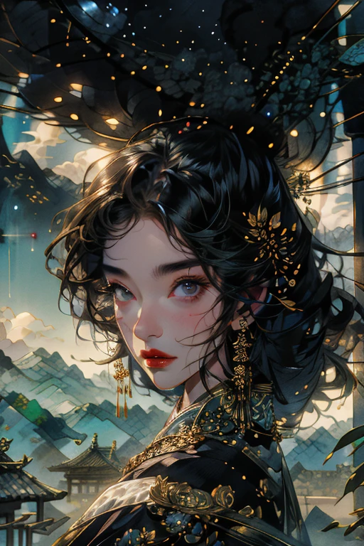 masterpiece, Fine details, Black hair and black pupils,girl,Chinese clothing,High Dynamic Range, ((The face and eyes are very detailed)), lifelike,, Focus on the eyes,, Looking at the audience, Rampant laughing black hair after revenge, Chinese background,