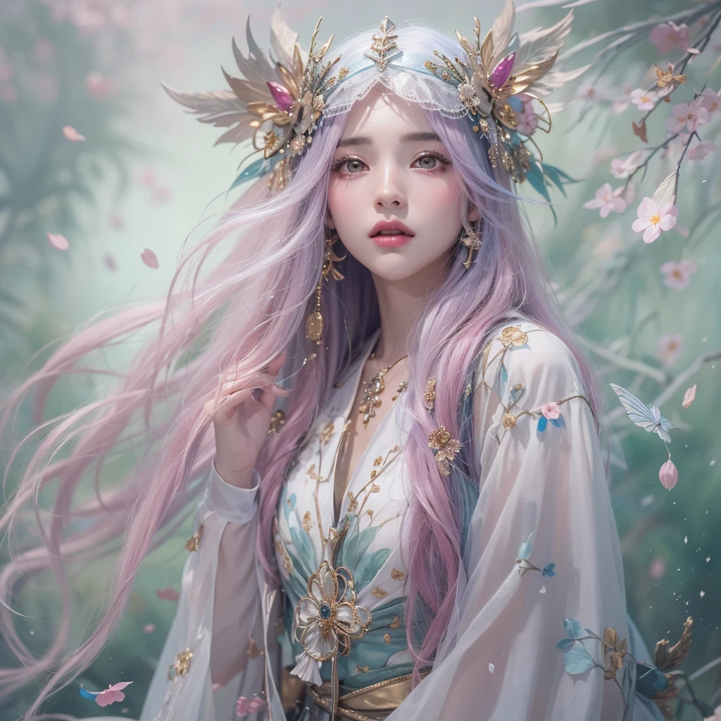 （（（Single eyelid）））Snow hoop exclusion area 32K（tmasterpiece，k hd，hyper HD，32K）Long flowing purple-pink hair，Autumn Pond，zydink， a color， Tongzhou people （Girl with glowing eyes）， （Thin silk scarf）， Side squat position， looking at the ground， long whitr hair， Floating hair， Python headdress， Chinese long-sleeved clothing， （abstract ink splash：1.2）， white backgrounid，Lotus protector（realisticlying：1.4），Purple-pink hair，Snowflakes fluttering，The background is pure， A high resolution， the detail， RAW photogr， Sharp Re， Nikon D850 Film Stock Photo by Jefferies Lee 4 Kodak Portra 400 Camera F1.6 shots, Rich colors, ultra-realistic vivid textures, Dramatic lighting, Unreal Engine Art Station Trend, cinestir 800，Long flowing purple-pink hair，((masterpiece)). This artwork is sweet, dreamy and ethereal, with soft pink watercolor hues and candy accents. Generate a delicate and demure fae exploring a (bubblegum world with a wide variety of pastel shades). Her sweet face is extremely detailed and realistic with elegant features and a fierce expression, and looks like ((((naomi scott)))). Include mature features and stunning, highly realistic eyes. Her eyes are important and should be realistic, highly detailed, and beautiful. In high definition and detail, include lots of details like stars, galaxies, colorful bubbles, colorful petals, and lots of energy and emotion! The stars and colorful bubblegum bubbles are important! Include fantasy details, enhanced details, iridescence, colorful glittering wind, and pollen. Pay special attention to her face and make sure it is beautifully and realistically detailed. The image should be dreamy and ethereal.8k, intricate, elegant, highly detailed, majestic, digital photography