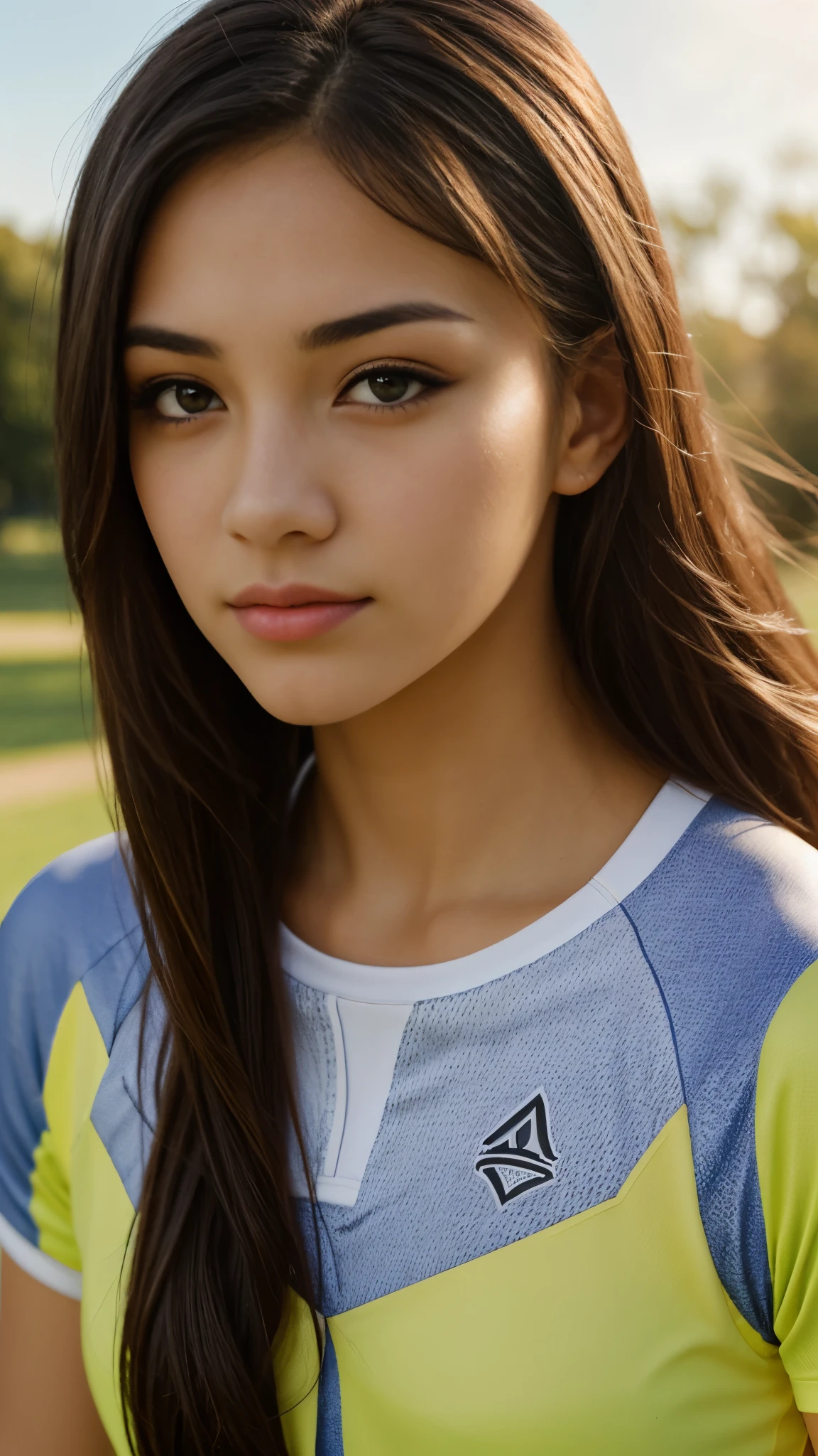 Beautiful black-haired girl with brown eyes and long hair in sports clothing walking in a park sunny, clear day professional photo session close-up on the face