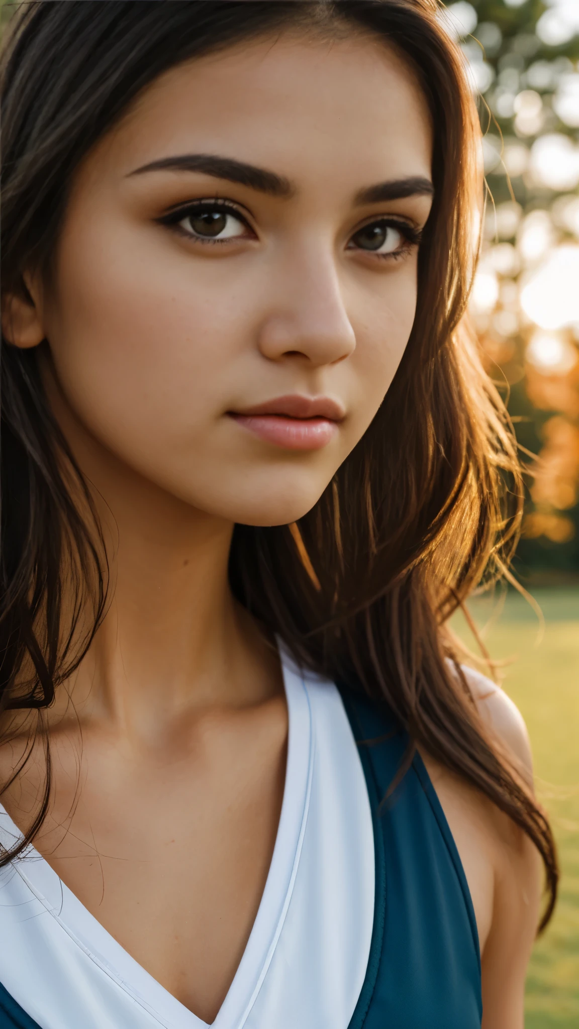 Beautiful black-haired girl with brown eyes and long hair in sports clothing walking in a park sunny, clear day professional photo session close-up on the face 