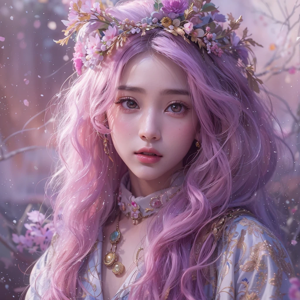 (((Single eyelid)))Snow hoop exclusion area 32K(tmasterpiece,k hd,hyper HD,32K)Long flowing purple-pink hair,Autumn Pond,zydink, a color, Tongzhou people (Girl with glowing eyes), (Thin silk scarf), Side squat position, looking at the ground, long whitr hair, Floating hair, Python headdress, Chinese long-sleeved clothing, (abstract ink splash:1.2), white backgrounid,Lotus protector(realisticlying:1.4),Purple-pink hair,Snowflakes fluttering,The background is pure, A high resolution, the detail, RAW photogr, Sharp Re, Nikon D850 Film Stock Photo by Jefferies Lee 4 Kodak Portra 400 Camera F1.6 shots, Rich colors, ultra-realistic vivid textures, Dramatic lighting, Unreal Engine Art Station Trend, cinestir 800,Long flowing purple-pink hair,((masterpiece)). This artwork is sweet, dreamy and ethereal, with soft pink watercolor hues and candy accents. Generate a delicate and demure fae exploring a (bubblegum world with a wide variety of pastel shades). Her sweet face is extremely detailed and realistic with elegant features and a fierce expression, and looks like ((((naomi scott)))). Include mature features and stunning, highly realistic eyes. Her eyes are important and should be realistic, highly detailed, and beautiful. In high definition and detail, include lots of details like stars, galaxies, colorful bubbles, colorful petals, and lots of energy and emotion! The stars and colorful bubblegum bubbles are important! Include fantasy details, enhanced details, iridescence, colorful glittering wind, and pollen. Pay special attention to her face and make sure it is beautifully and realistically detailed. The image should be dreamy and ethereal.8k, intricate, elegant, highly detailed, majestic, digital photography